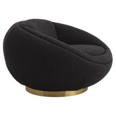 Swivel Armchair All in Black Bouclé Fabric and Brass Finishes