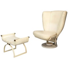 Swivel Armchair by Marzio Cecchi with Pouf in Brass and White Leather from 1970