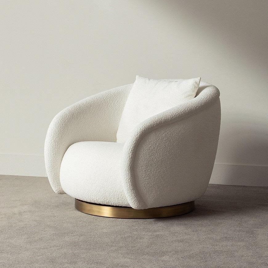 Swivel Armchair in Bouclé Fabrics & Brushed Brass Base In New Condition For Sale In New York, NY