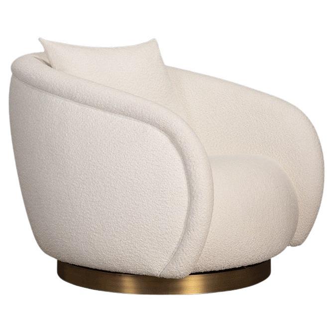 Swivel Armchair in Bouclé Fabrics & Brushed Brass Base For Sale