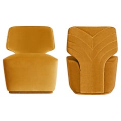 Drehsessel aus Baumwollsamt mit Meeresdetails auf der Rückenlehne