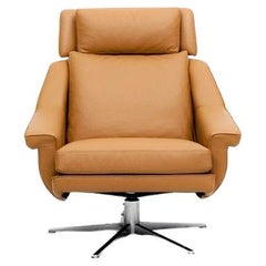 Swivel Armchair In Rich Camel Leather and Stainless Steel Base