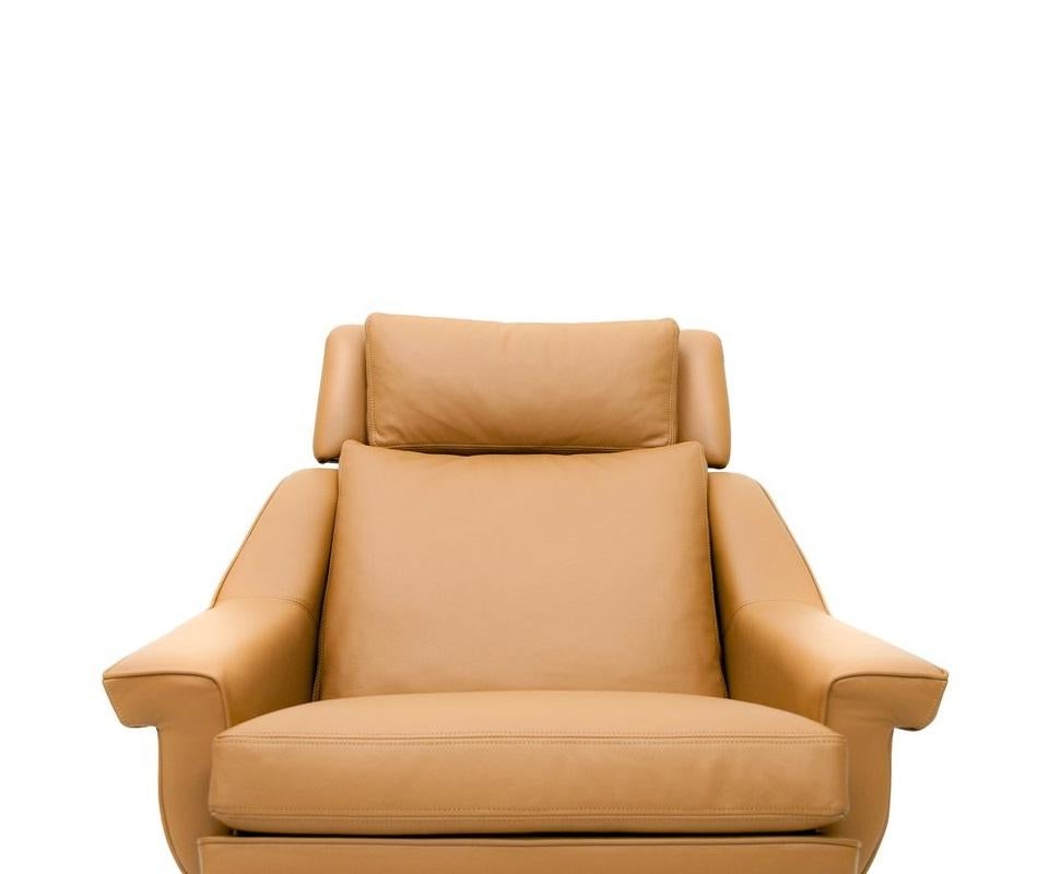 Portuguese Swivel Armchair In Rich Camel Leather and Stainless Steel Base For Sale