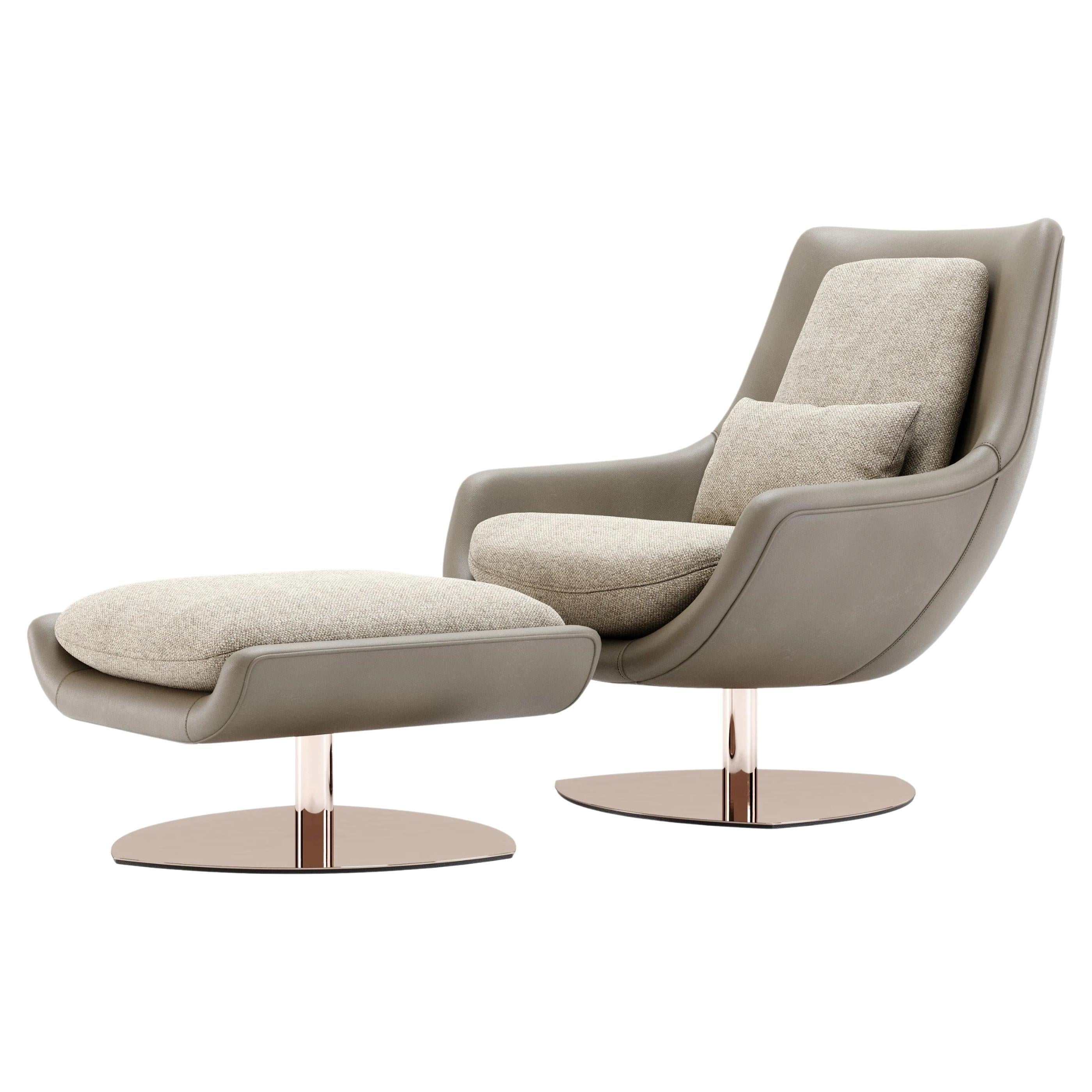Swivel lounge chair with a curved body shape. The metallic base can swivel 360 degrees. 

Shown here in Leather and Columbia Toffee Fabric.
Stainless steel base in polished stainless steel. 
See photos metal base colors. 

Available in COM,