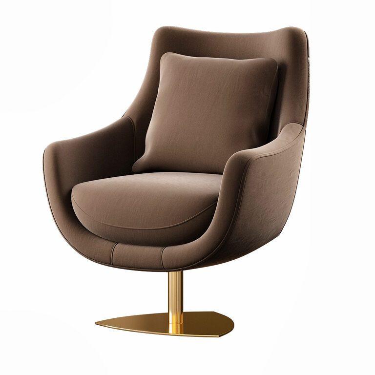 Swivel Armchair W Ottoman in Leather & Rose Gold Base For Sale 9