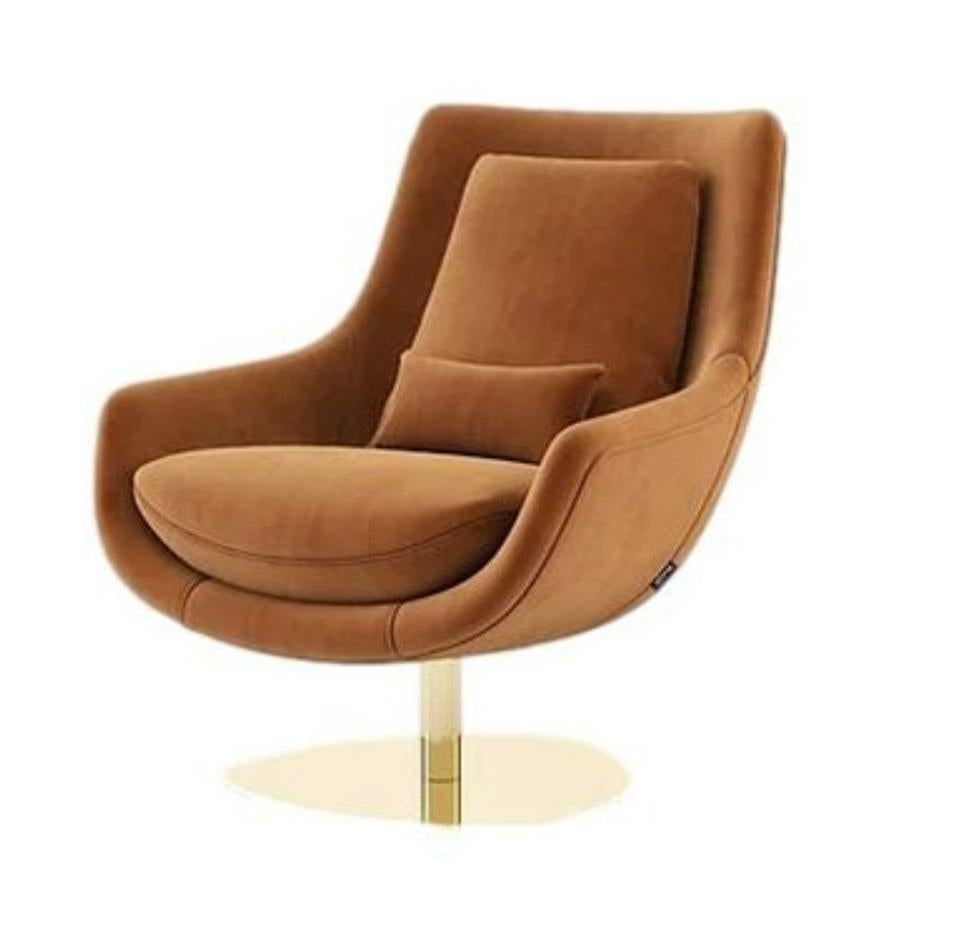 Swivel Armchair W Ottoman in Leather & Rose Gold Base For Sale 10