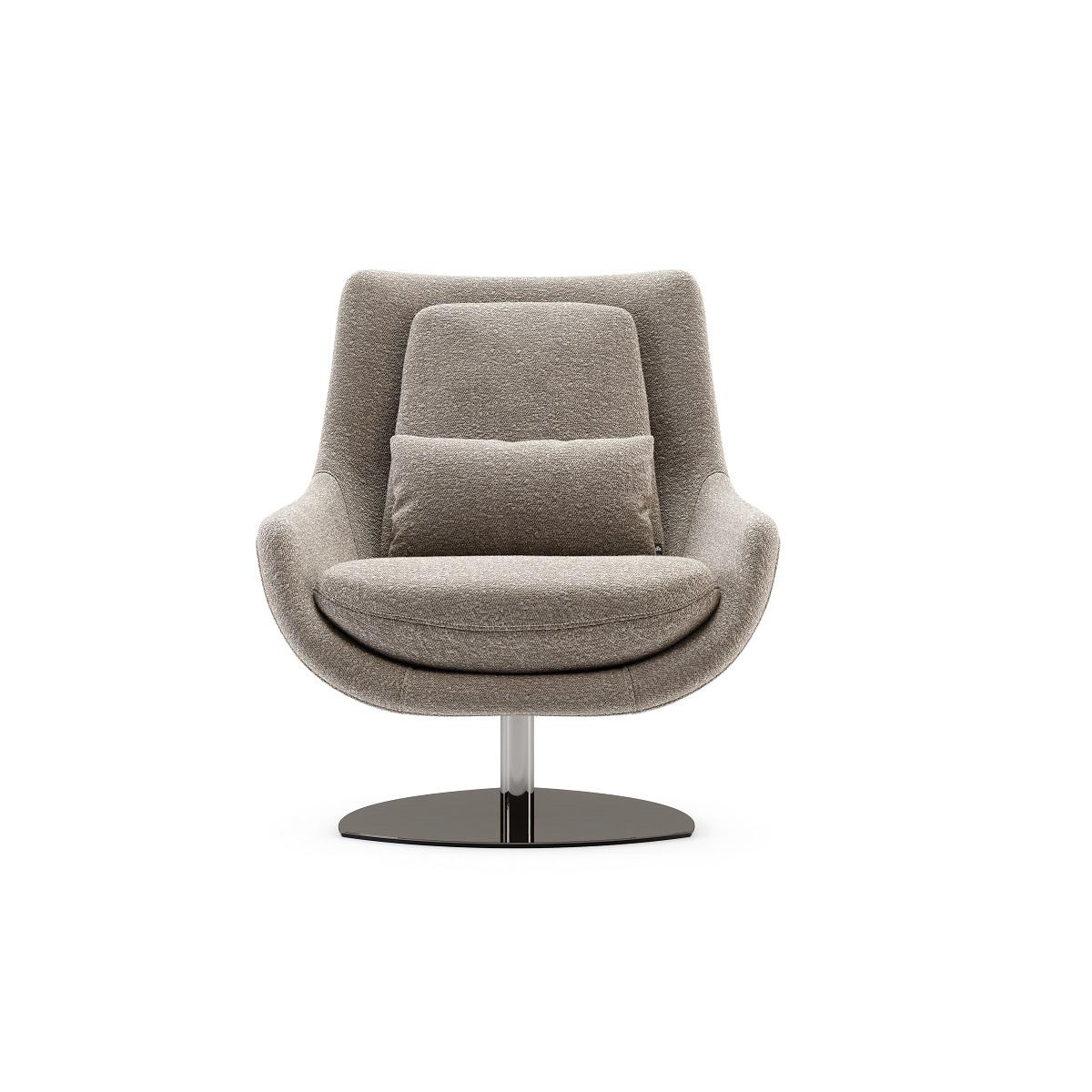 Swivel lounge chair with a curved body shape. The metallic  base can swivel 360 degrees. 

Shown here in Leather and Columbia Tofee Fabric.
Stainless steel base in polished Copper. 
See photos metal base colors. 

Available in COM, COM required 6