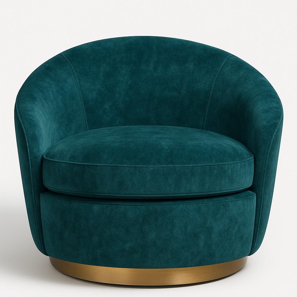 This armchair evokes sculptural elegance through its enveloping silhouette and plush tactility. Designed with a continuous curved backrest that flows seamlessly into softly rounded arms, the chair offers a cocoon-like embrace, balancing ergonomic