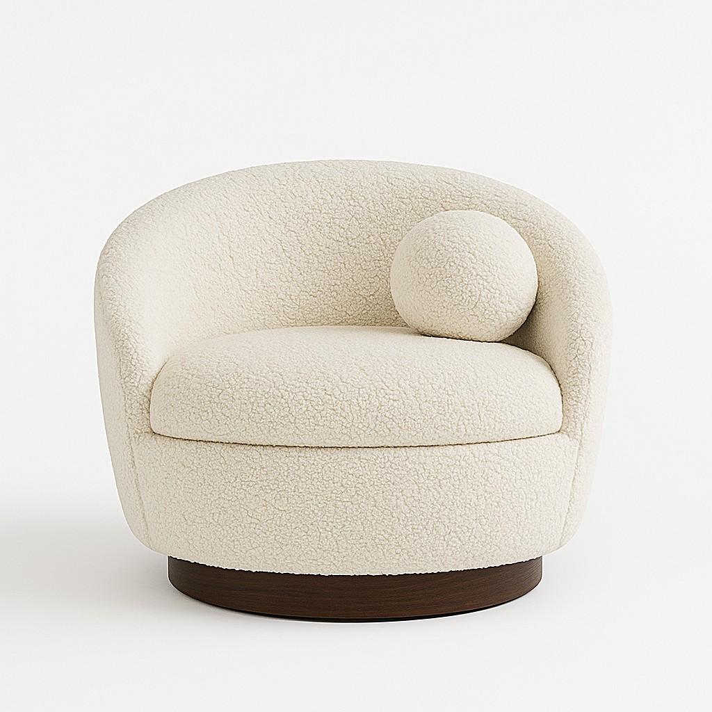 Hand-Crafted Swivel Armchair with 360 Degrees Rotating Base Offered In Wooly Boucle' For Sale