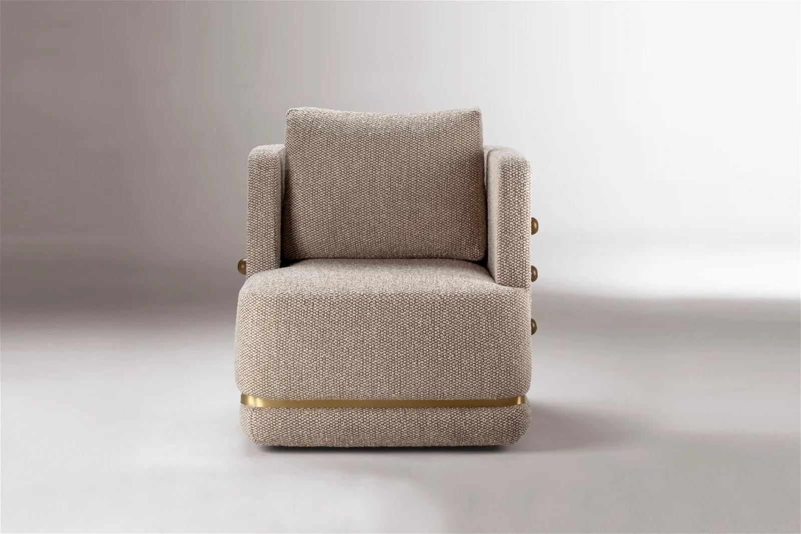 Swivel armchair with Gipsy cotton + viscose by Pierre Frey in Tauep color and satin brass detail. New and Made to Order. 

If you are planning on ordering an upholstery item with COM upholstery, please follow these instructions: 
- Let us know that