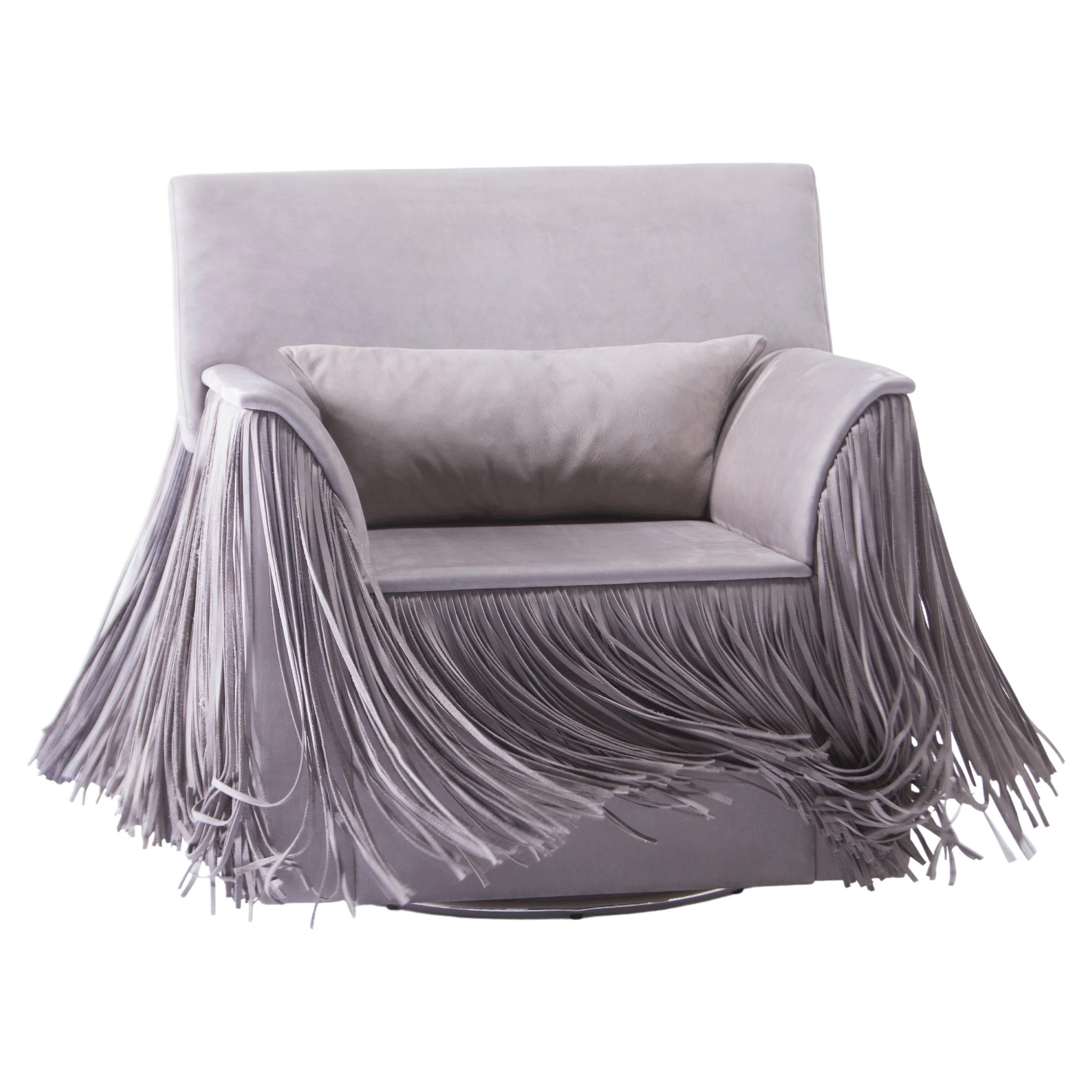 Swivel Armchair with Leather Fringe Detail, Gray For Sale