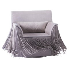 Swivel Armchair with Leather Fringe Detail, Gray