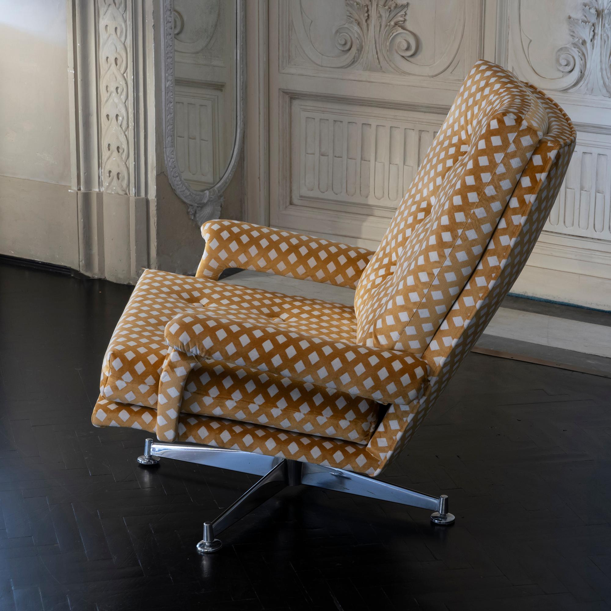 Late 20th Century  Swivel Armchair with Ottoman, Chrome and Ivory/Gold Print Velvet, 1970s France