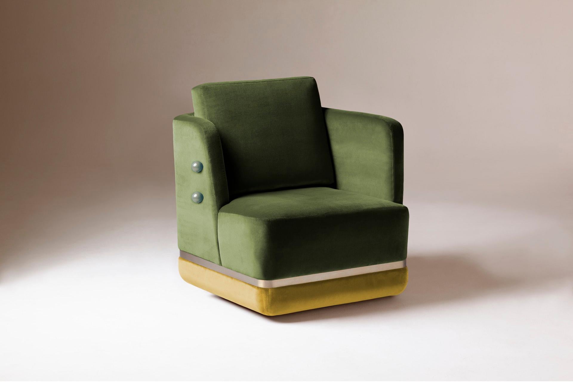 Swivel armchair with soft cotton velvet by Pierre Frey in Kiwi and Dijon color and satin brass detail. New and Made to Order. 

If you are planning on ordering an upholstery item with COM upholstery, please follow these instructions: 
- Let us know