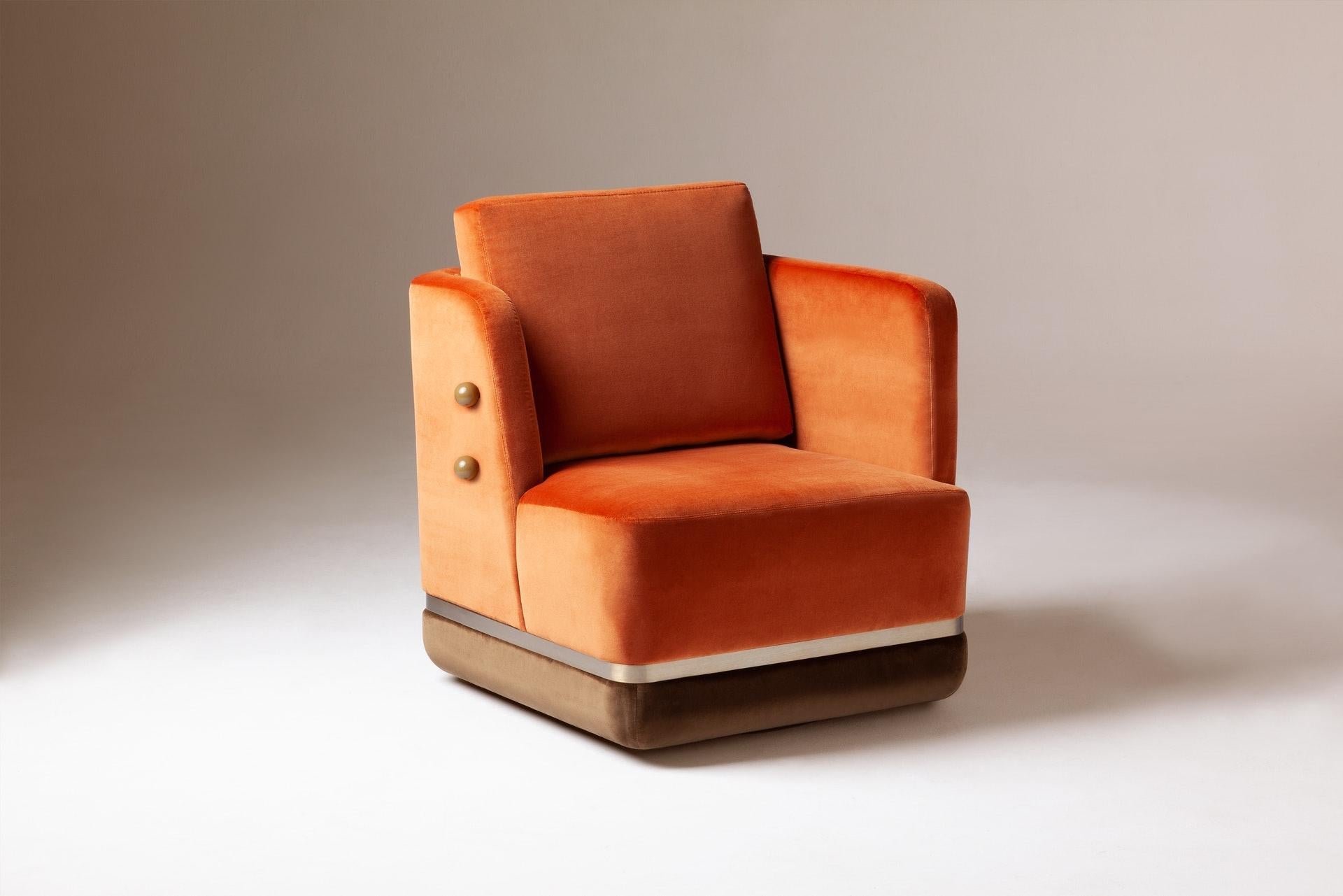 Swivel armchair with soft 100% cotton Orange and Brown velvet by Pierre Frey and satin brass detail. New and made to order.

Born in Portugal, Dooq is a design company dedicated to celebrate the luxury of living.
Our studio focuses on an extensive