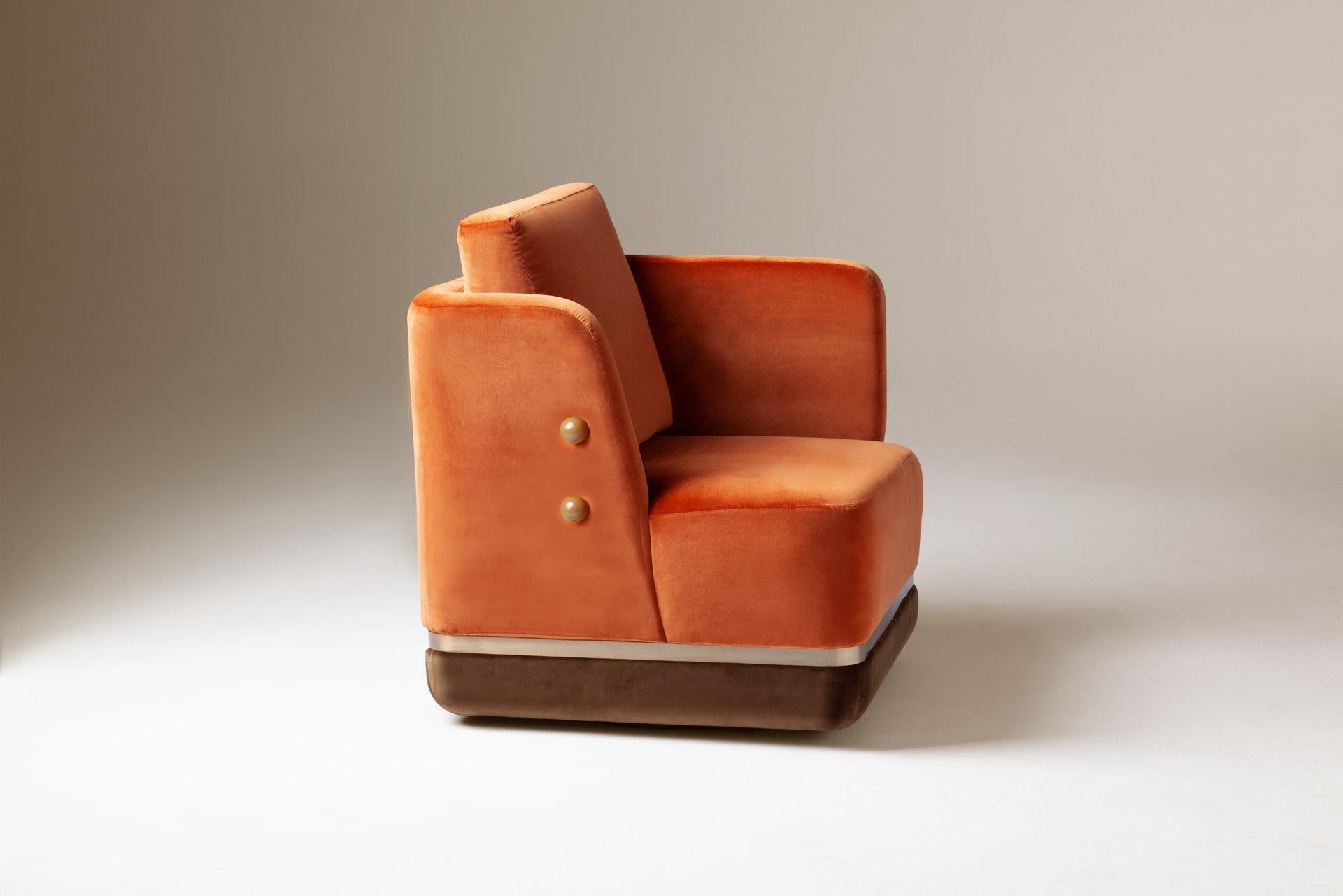 Portuguese DOOQ Swivel Armchair with Soft Orange Velvet and Brass Detail Panorama For Sale