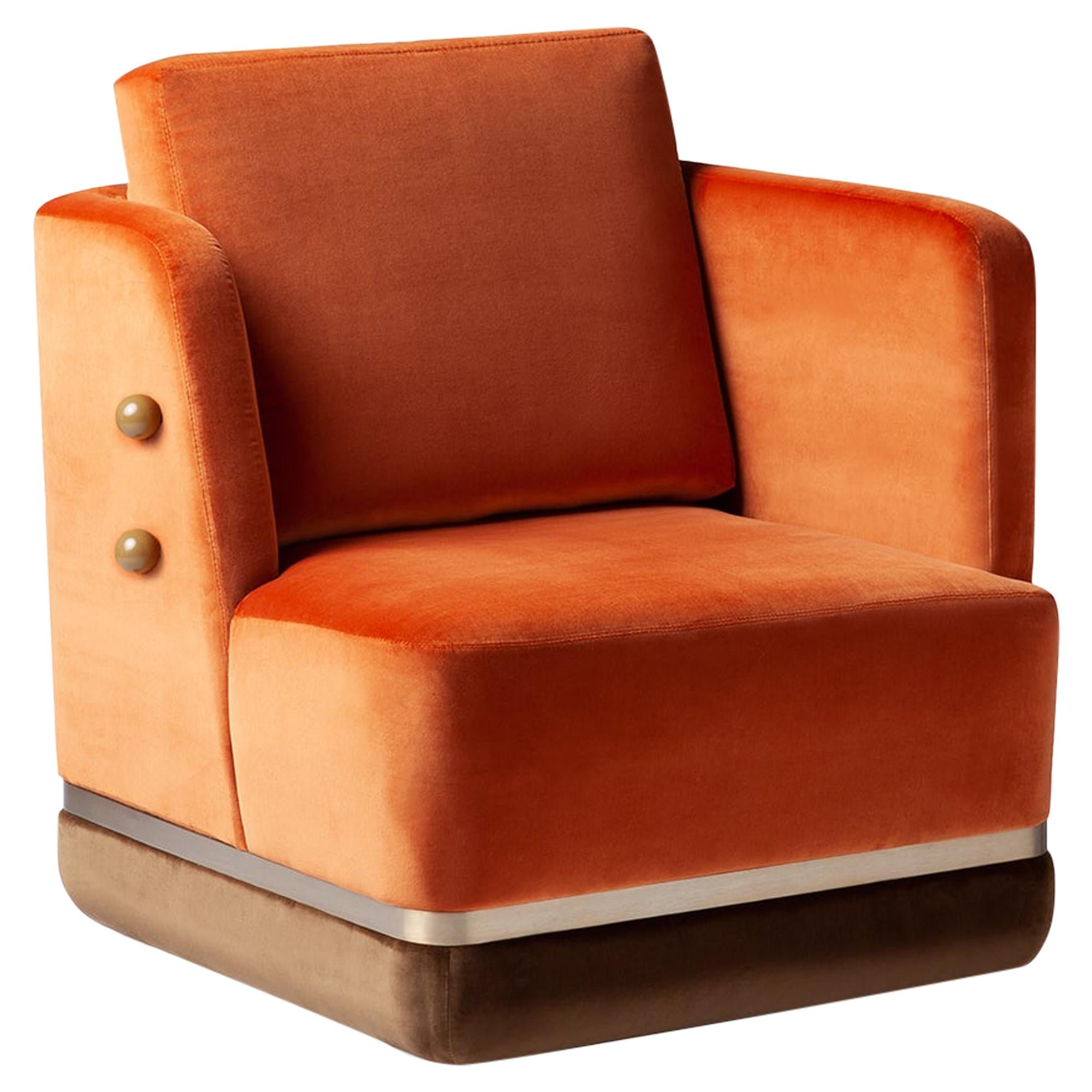 DOOQ Swivel Armchair with Soft Orange Velvet and Brass Detail Panorama For Sale