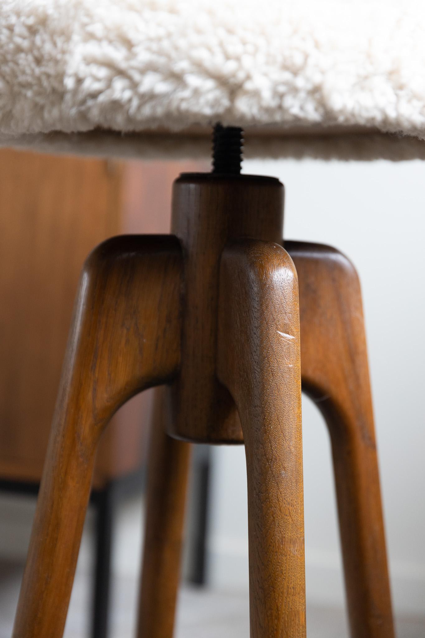 Swivel Bar Stool in Oak, Reupholstered in Lambswool, Danish MidCentury