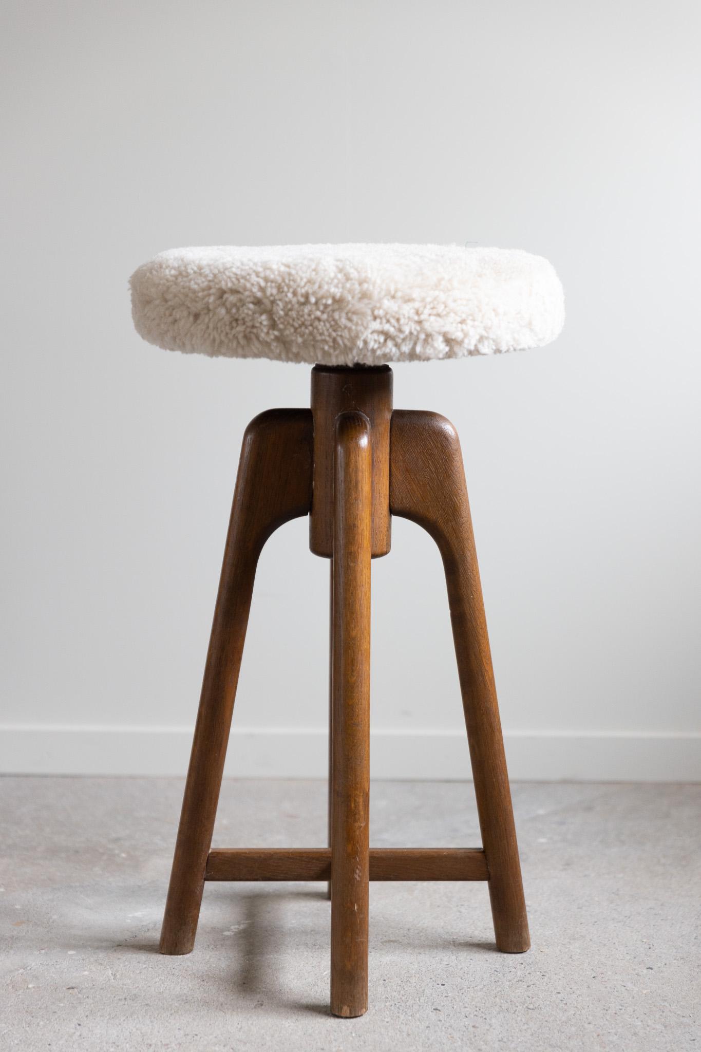 Swivel Bar Stool in Oak, Reupholstered in Lambswool, Danish MidCentury