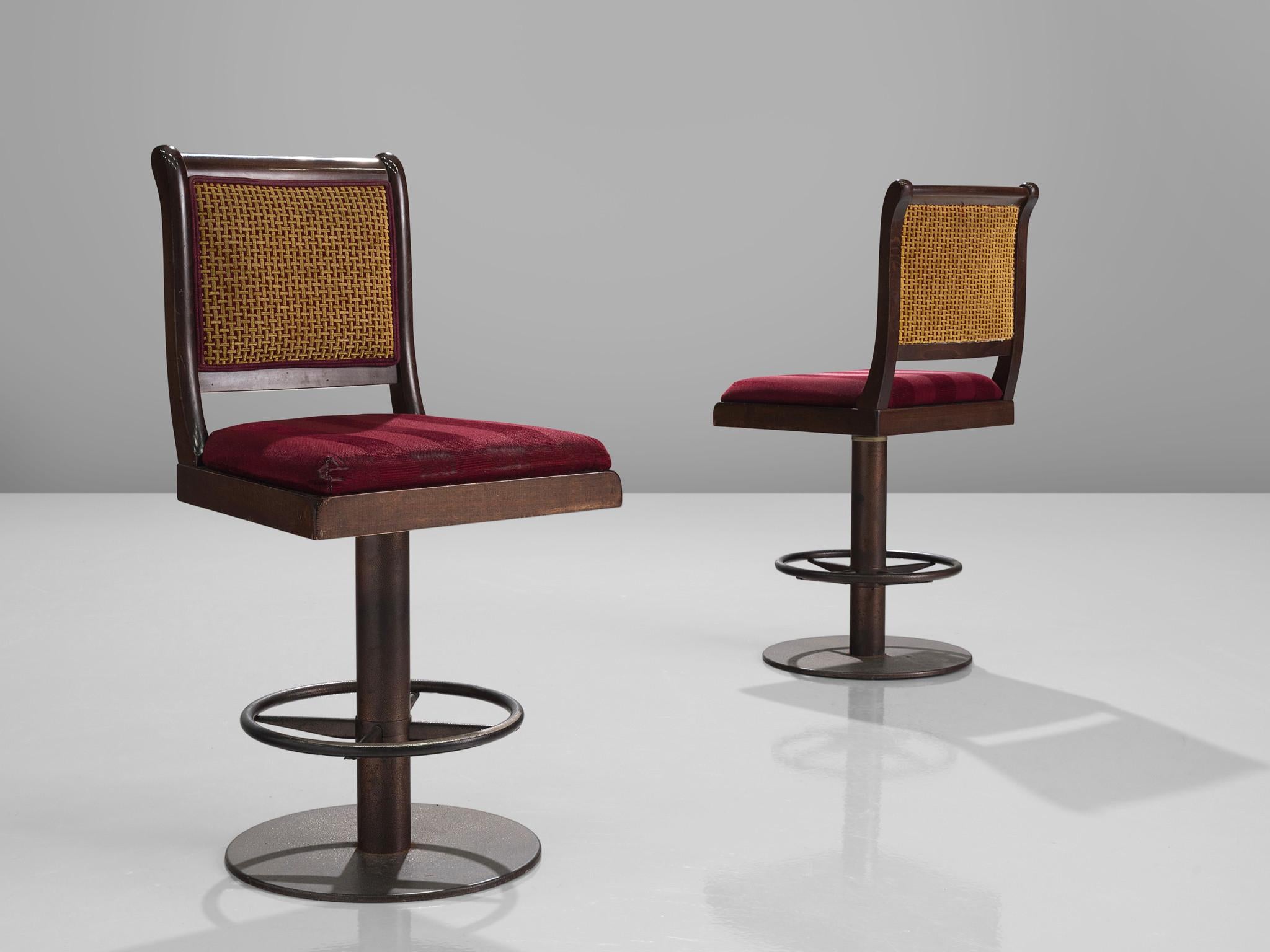 European Swivel Bar Stools in Burgundy Upholstery and Metal  For Sale