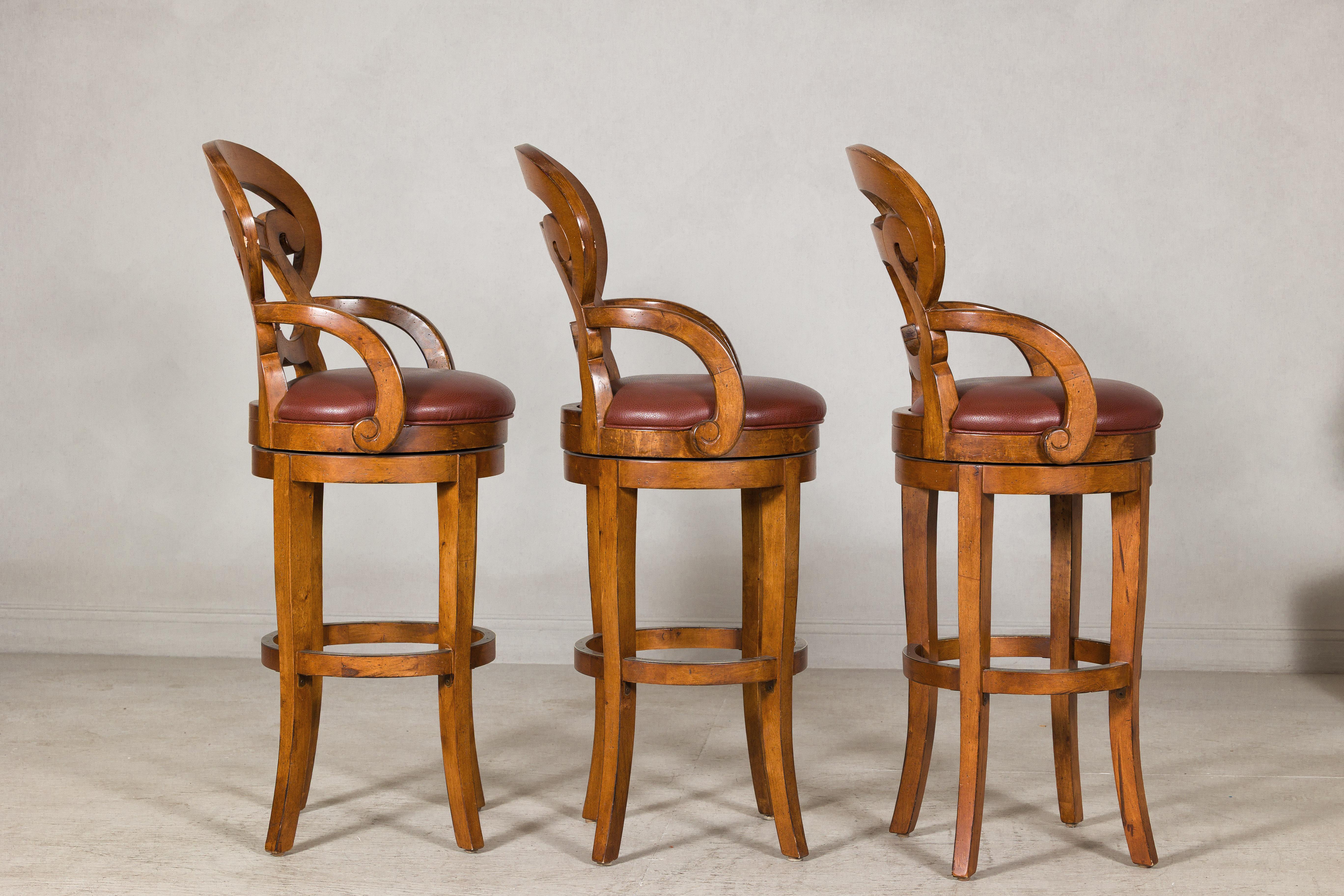 Swivel Bar Stools with Carved Backs and Faux Leather Seats – Set of Three For Sale 5
