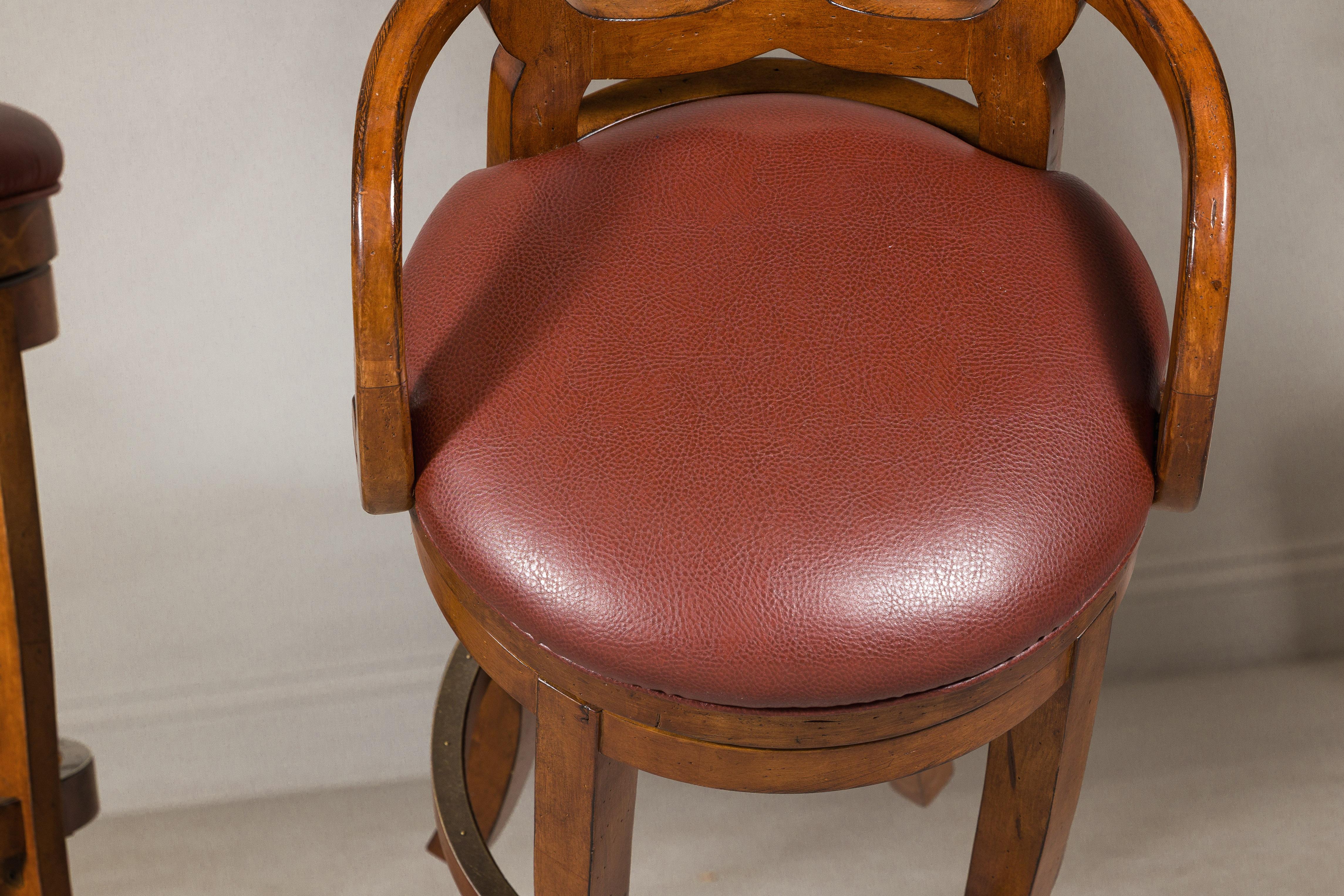 Swivel Bar Stools with Carved Backs and Faux Leather Seats – Set of Three For Sale 6