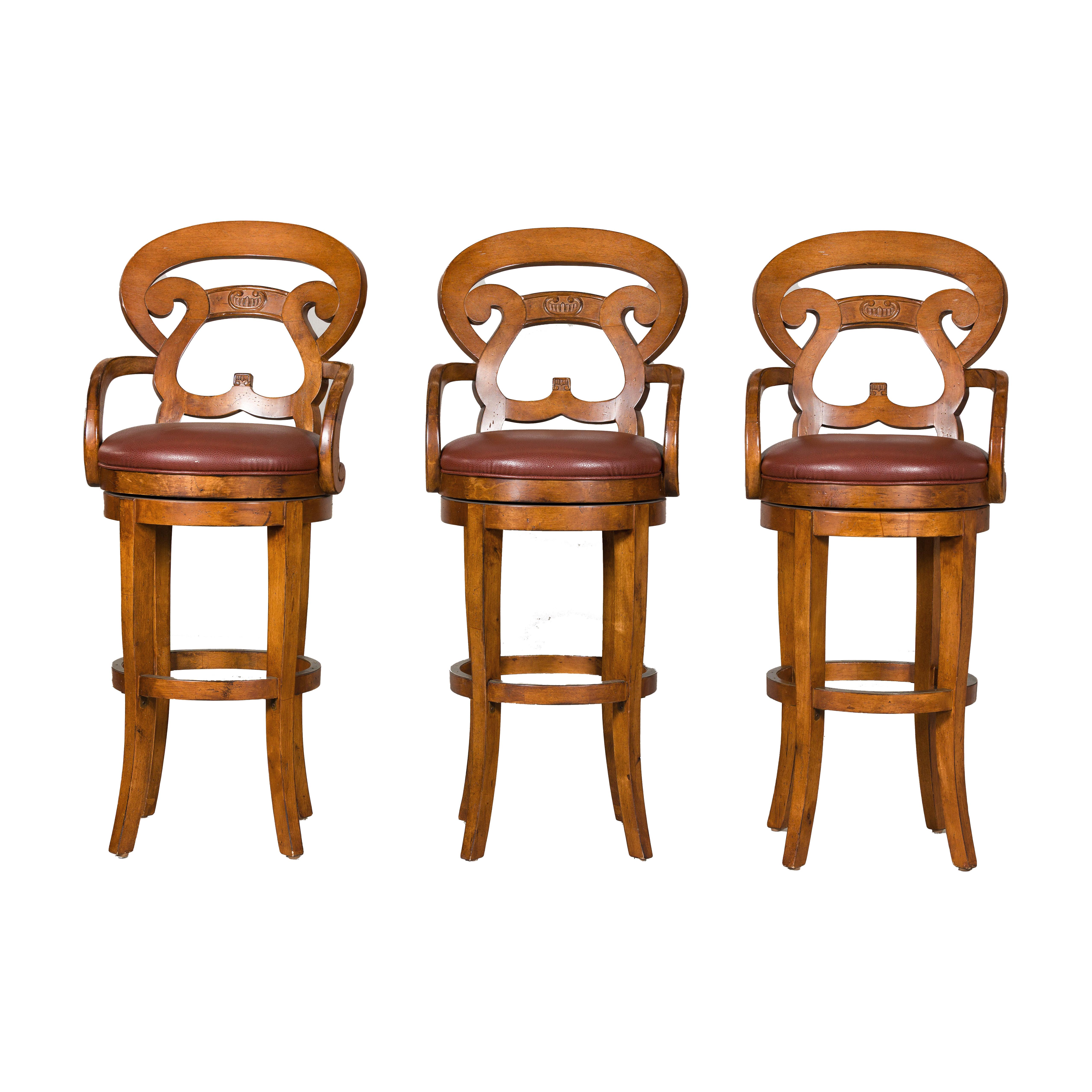 Swivel Bar Stools with Carved Backs and Faux Leather Seats – Set of Three For Sale 7