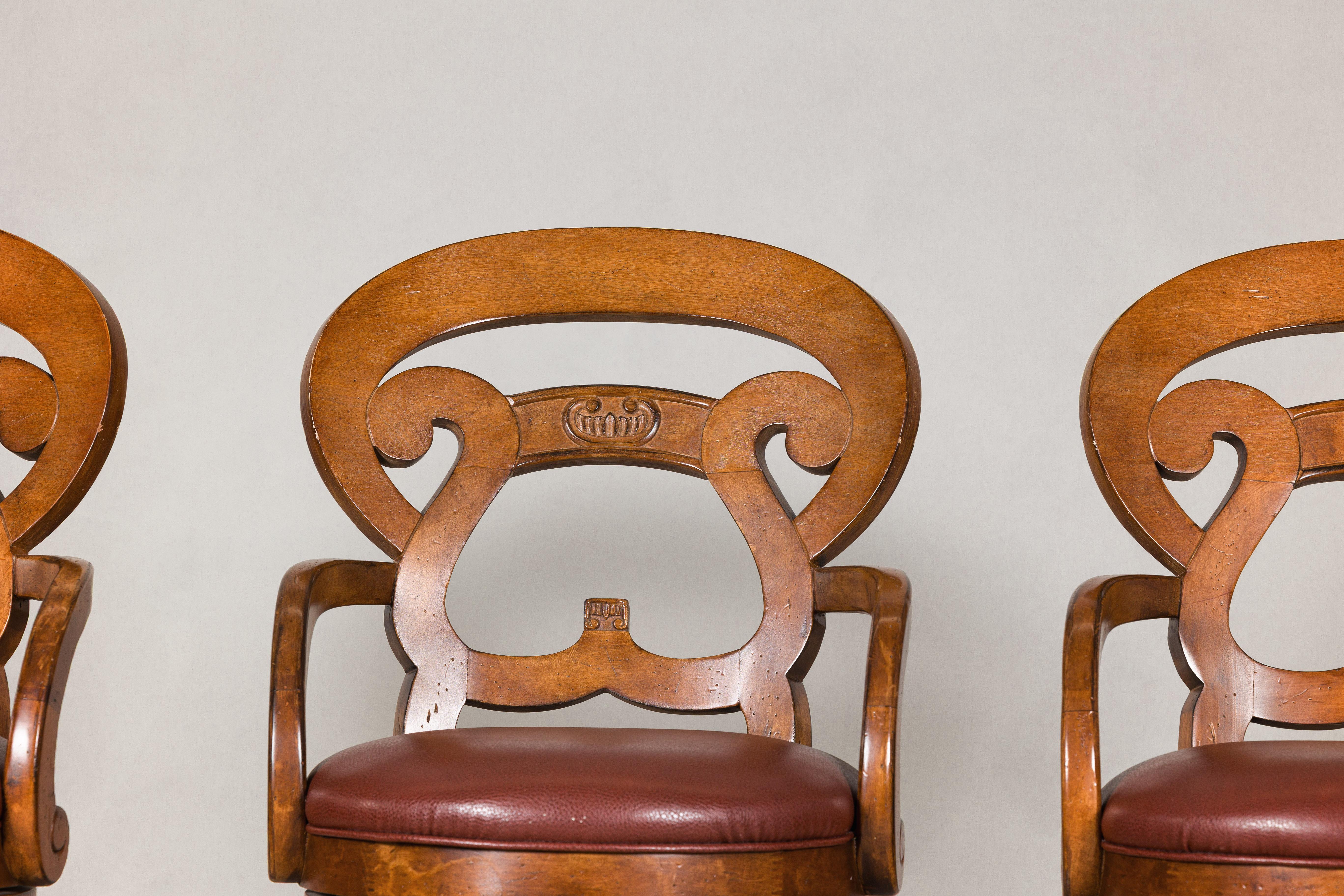 Swivel Bar Stools with Carved Backs and Faux Leather Seats – Set of Three In Good Condition For Sale In Yonkers, NY