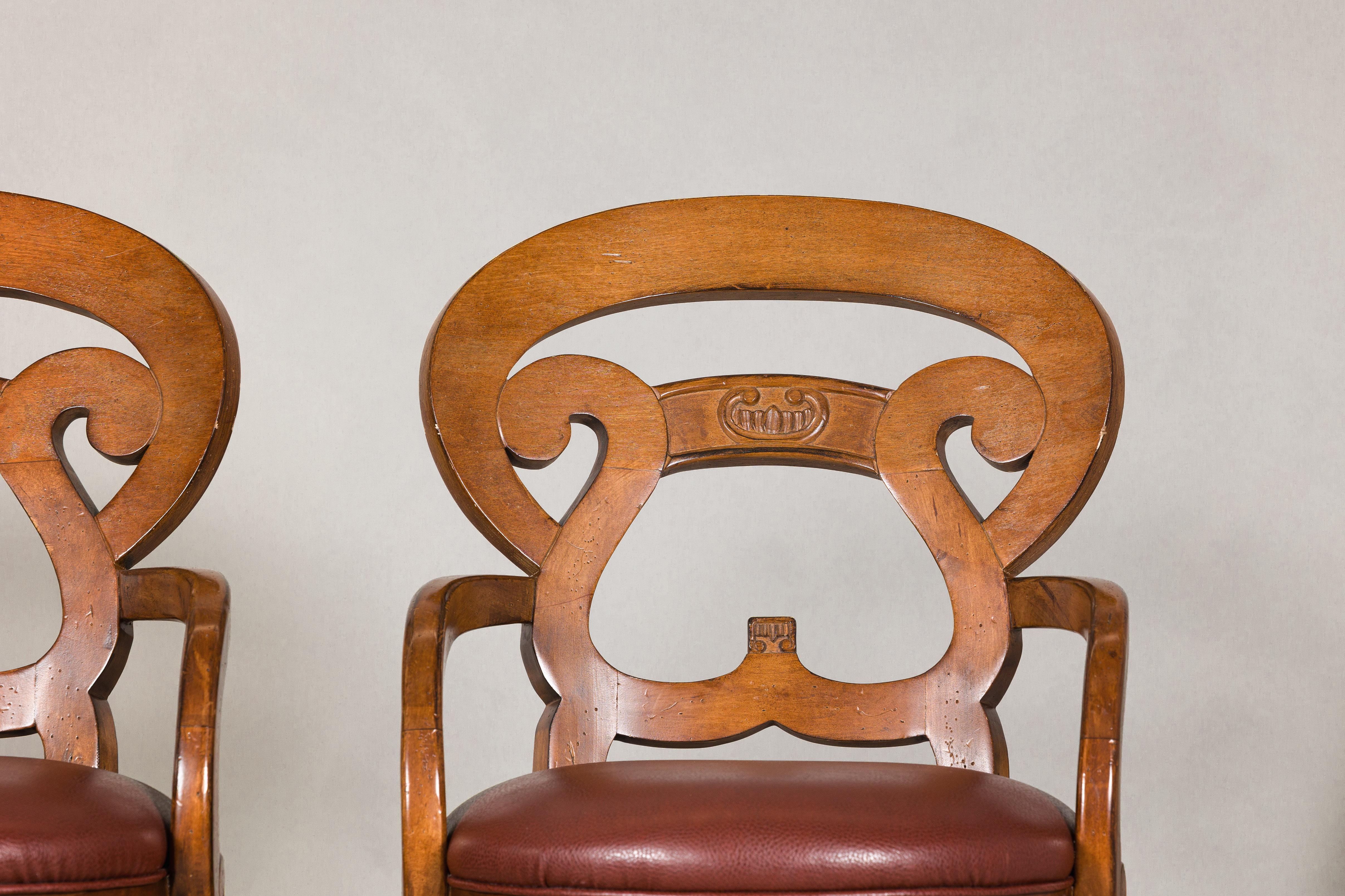 Contemporary Swivel Bar Stools with Carved Backs and Faux Leather Seats – Set of Three For Sale
