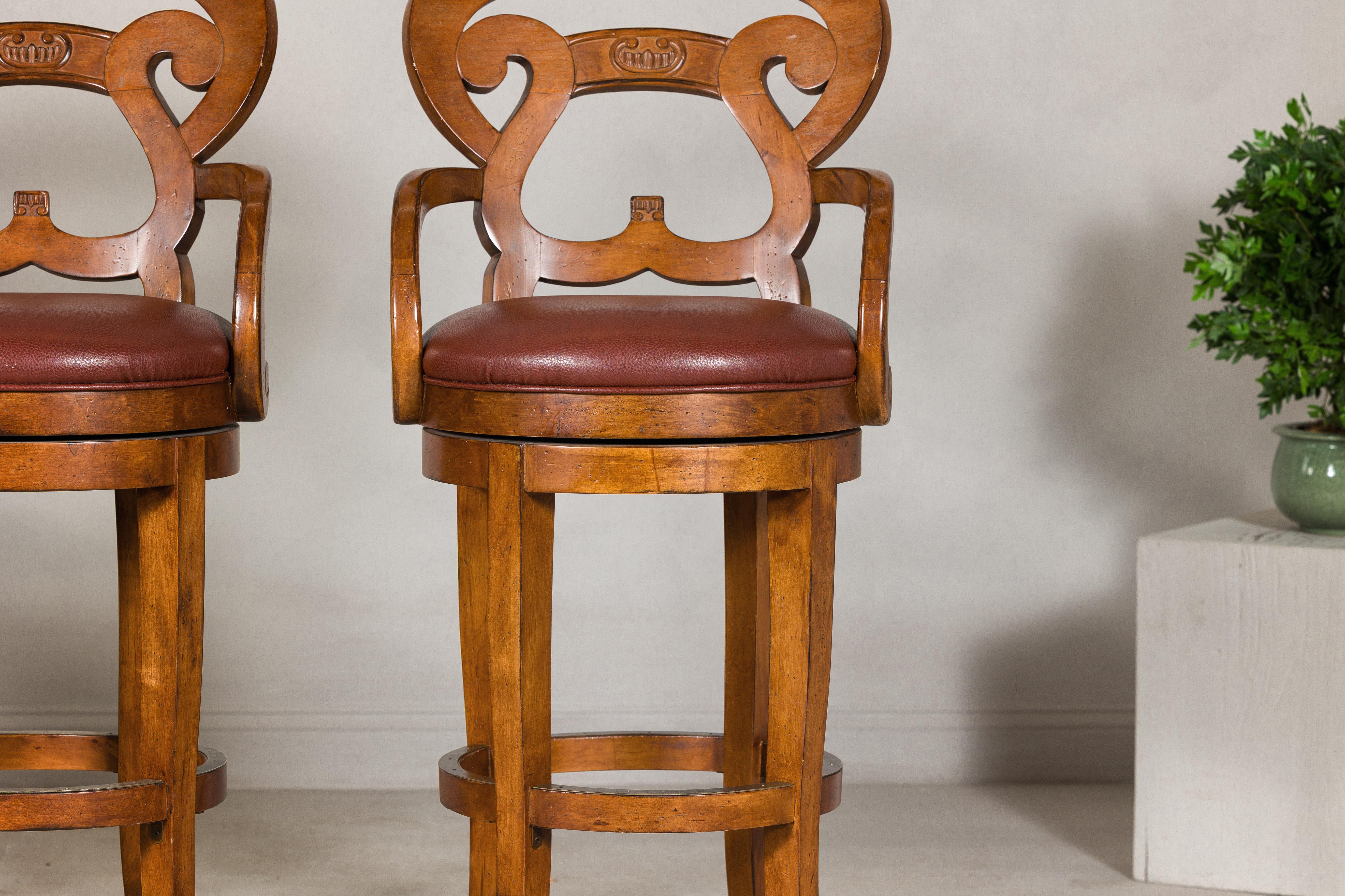 Swivel Bar Stools with Carved Backs and Faux Leather Seats – Set of Three For Sale 1