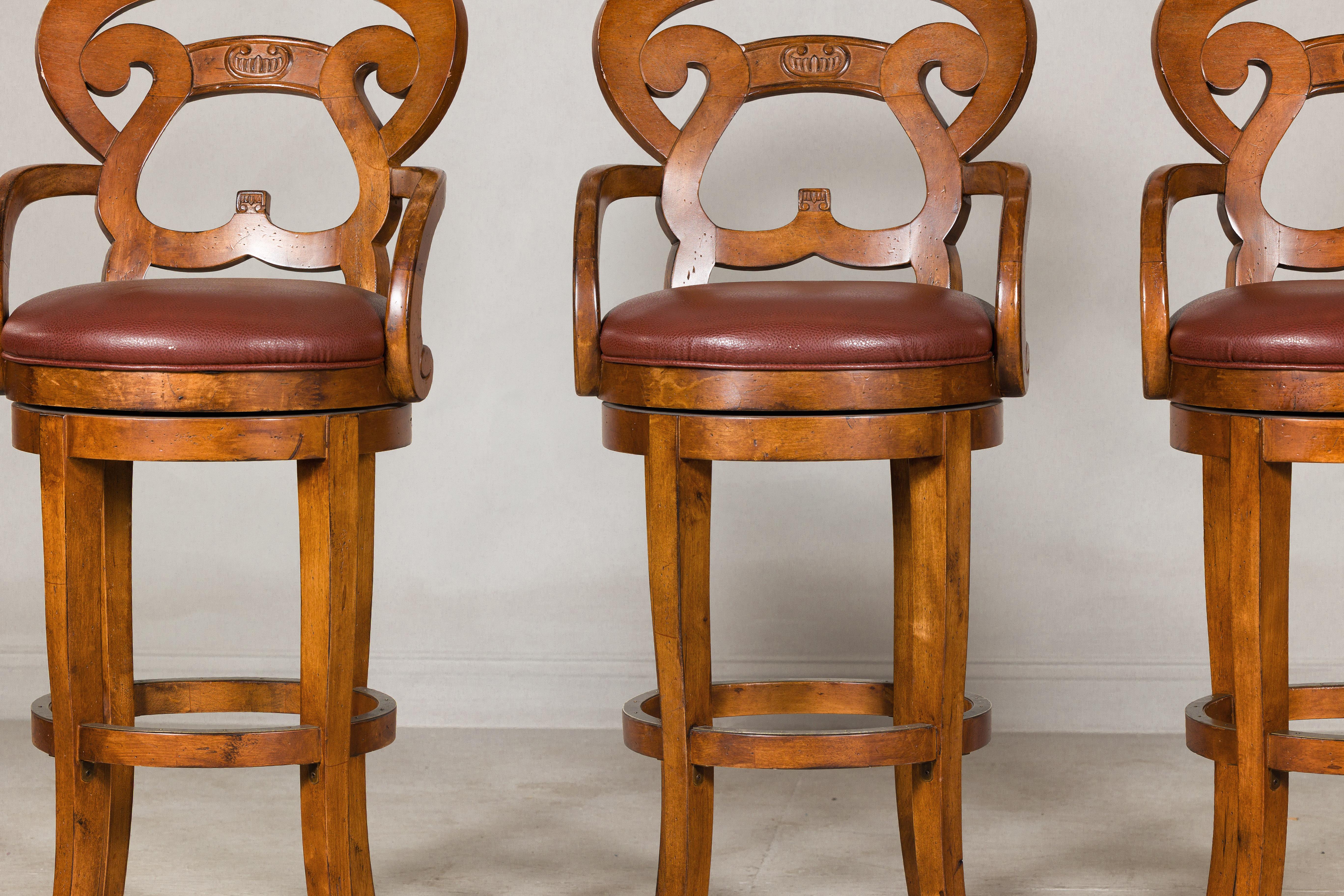 Swivel Bar Stools with Carved Backs and Faux Leather Seats – Set of Three For Sale 2