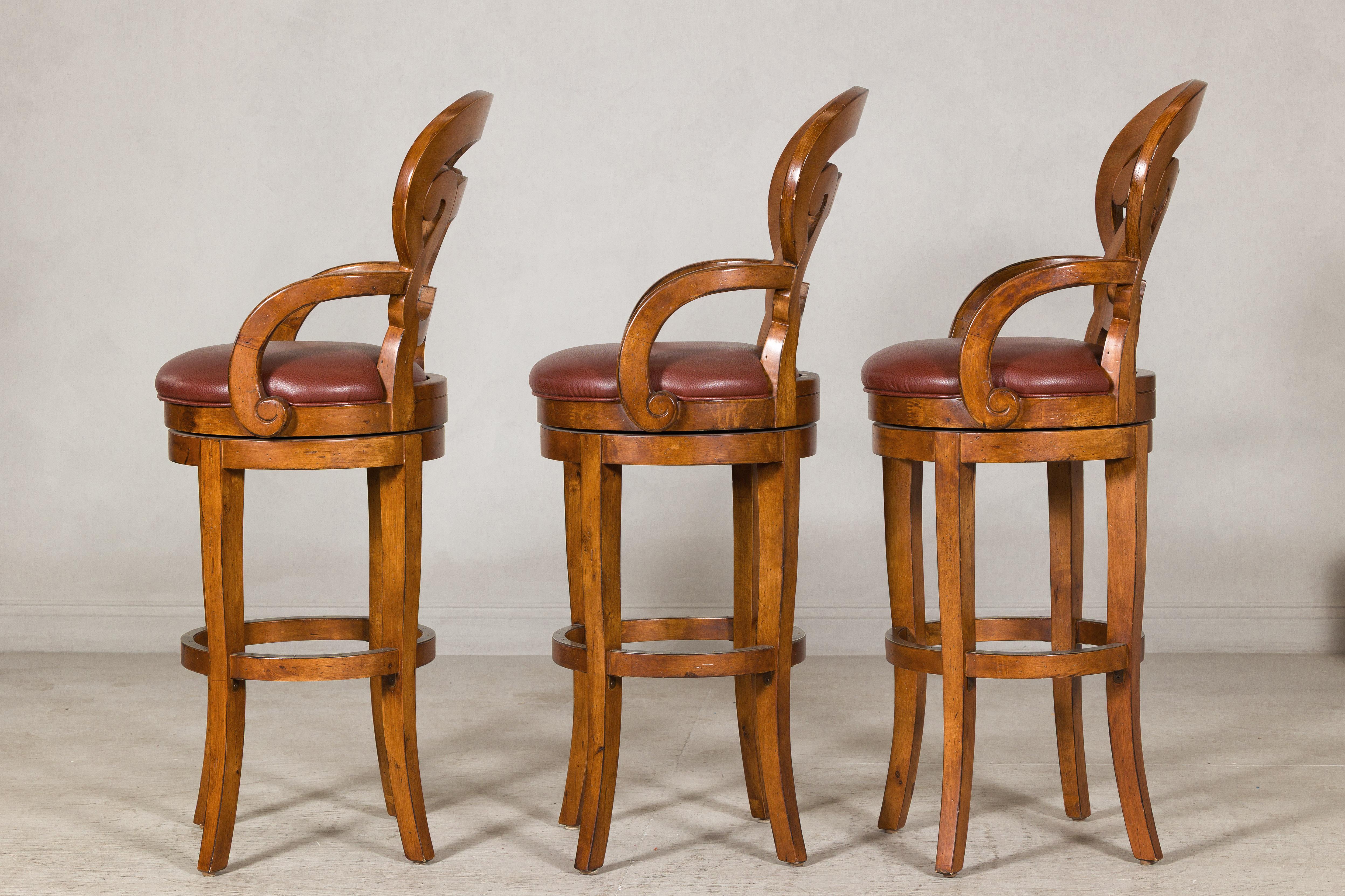 Swivel Bar Stools with Carved Backs and Faux Leather Seats – Set of Three For Sale 3
