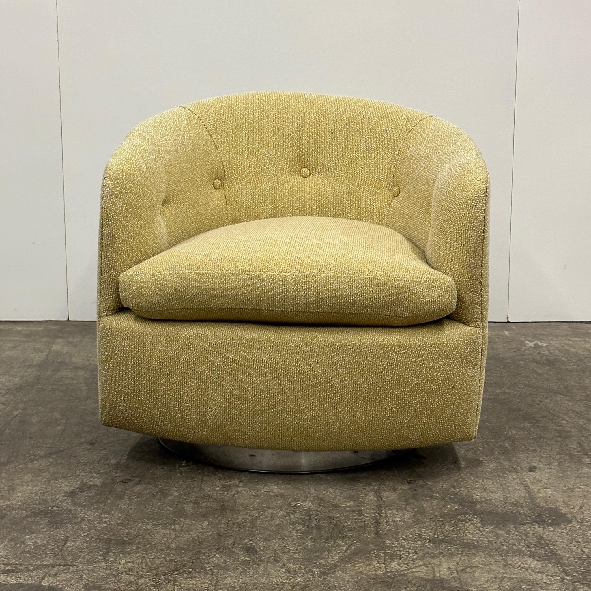 c. 1970s. Designed by Milo Baughman. Reupholstered in a nubby citrine Bernhardt fabric. Chrome swivel base.