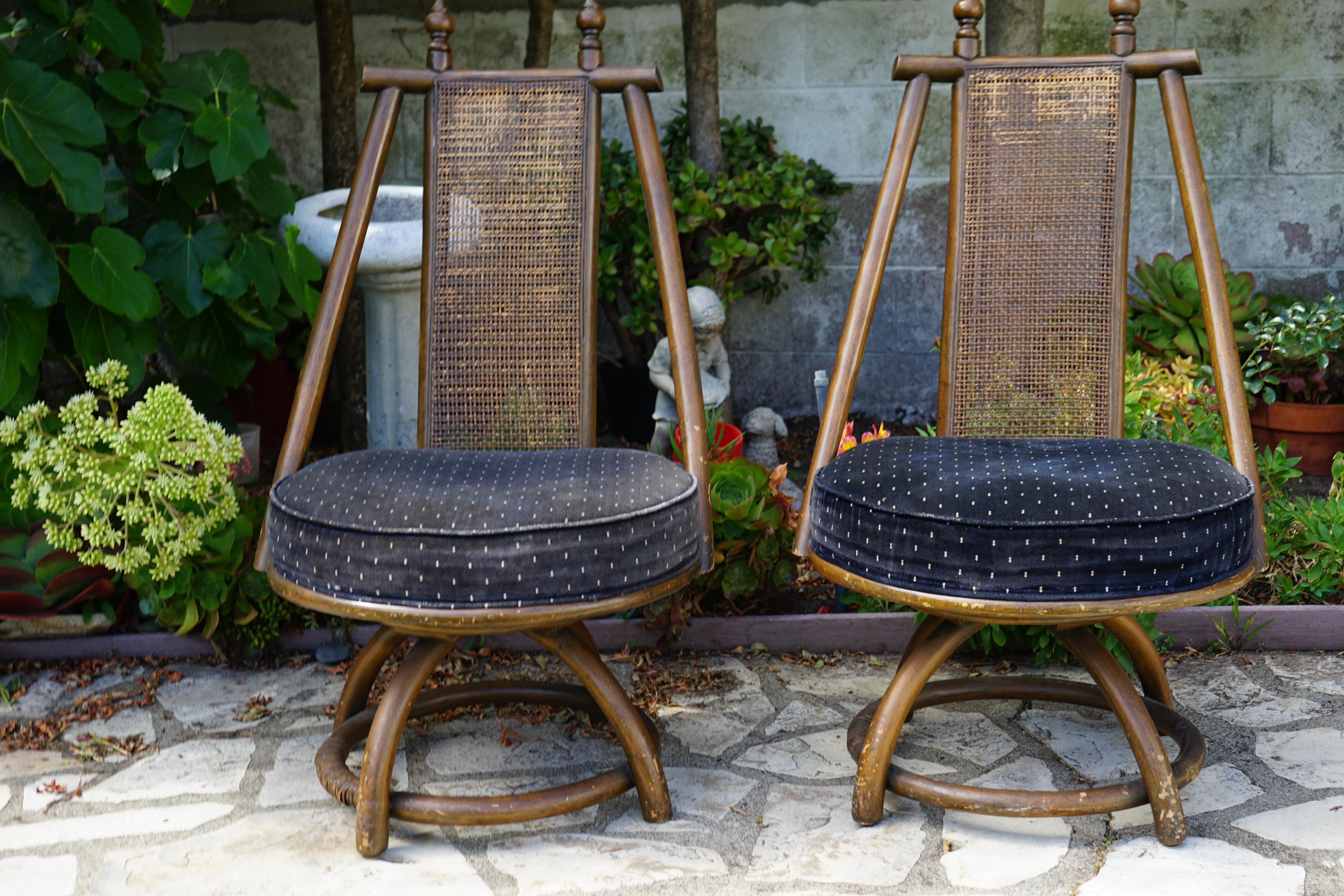 Caning Swivel Bent Wood 1960s Rattan Chairs, A Pair For Sale