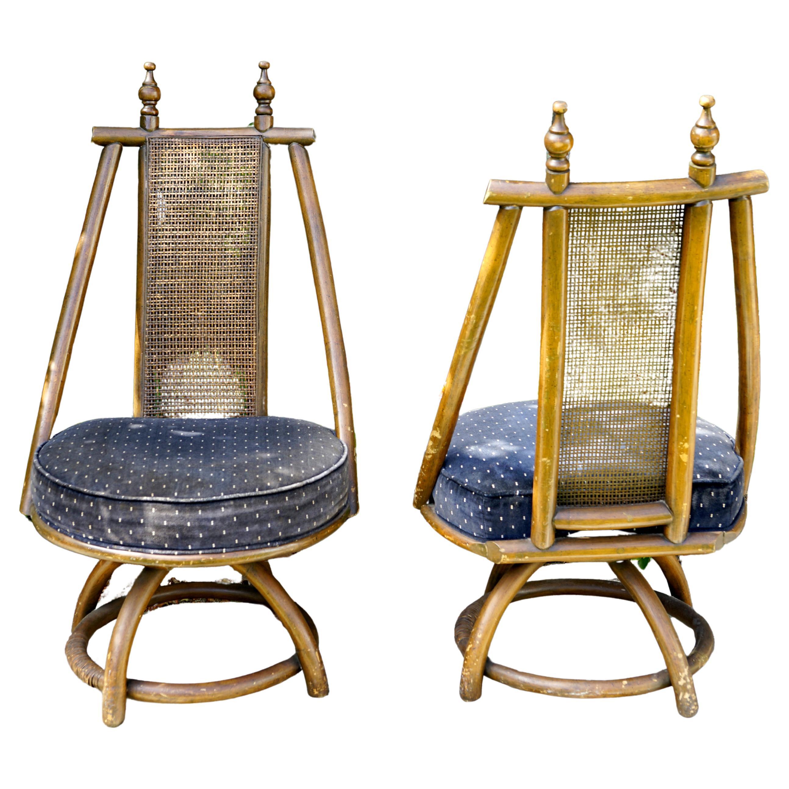 Swivel Bent Wood 1960s Rattan Chairs, A Pair