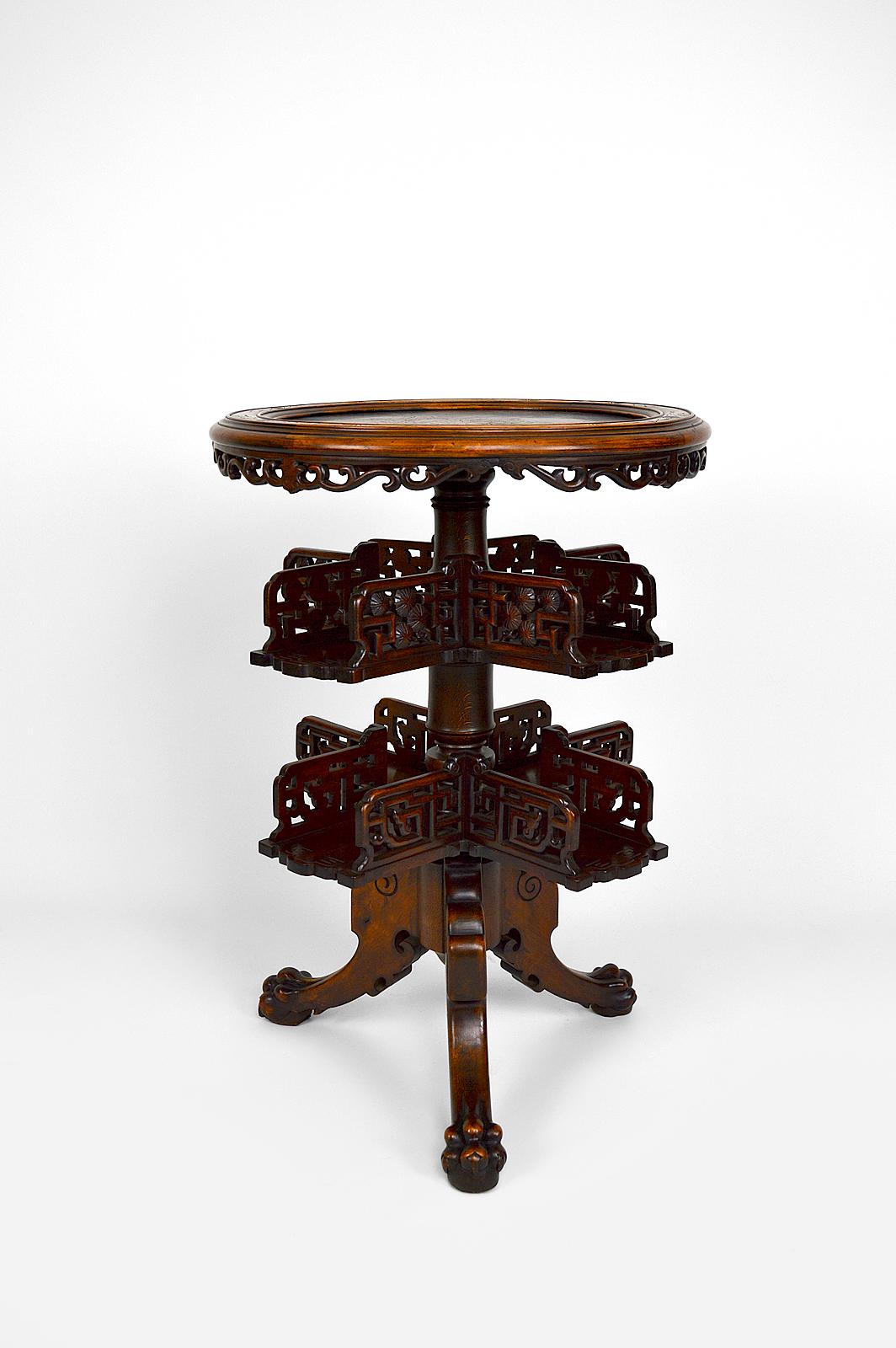 Japonisme Swivel Bookcase Table with Carved Top by Gabriel Viardot, Japonism, circa 1880 For Sale