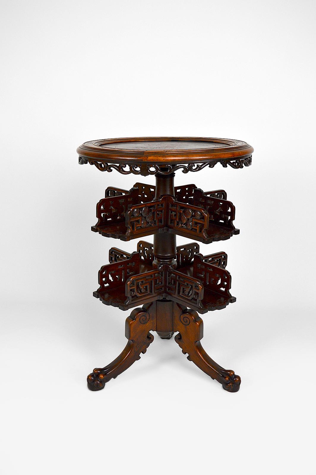 French Swivel Bookcase Table with Carved Top by Gabriel Viardot, Japonism, circa 1880 For Sale