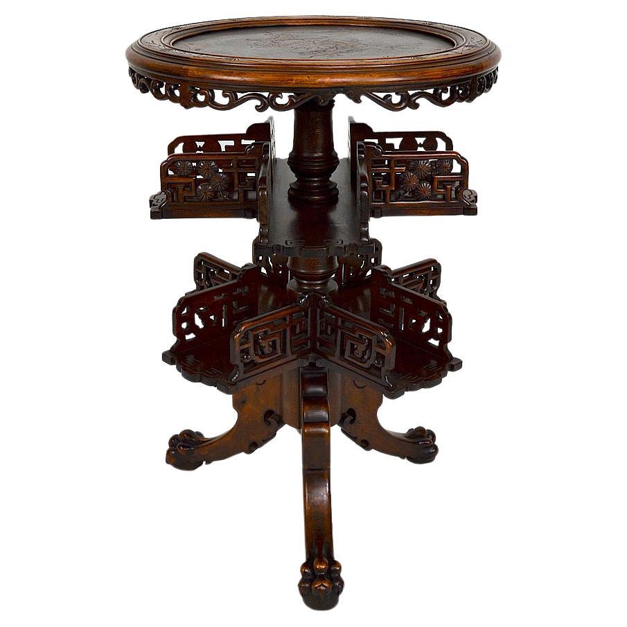 Swivel Bookcase Table with Carved Top by Gabriel Viardot, Japonism, circa 1880 For Sale