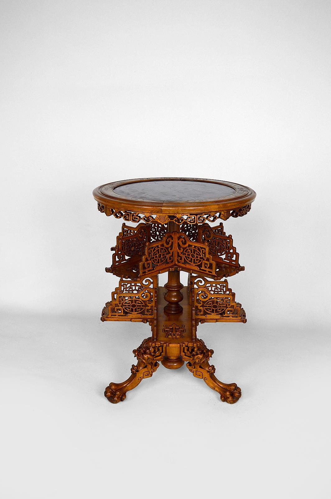 Japonisme Swivel Bookcase Table with Marble Top by Gabriel Viardot, Japonism, circa 1880 For Sale