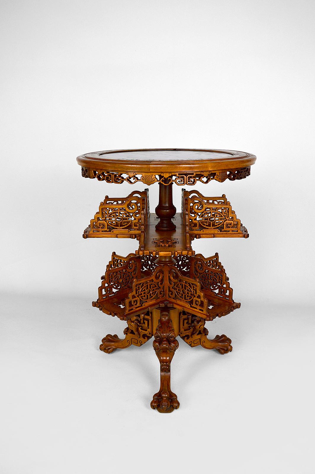 French Swivel Bookcase Table with Marble Top by Gabriel Viardot, Japonism, circa 1880 For Sale