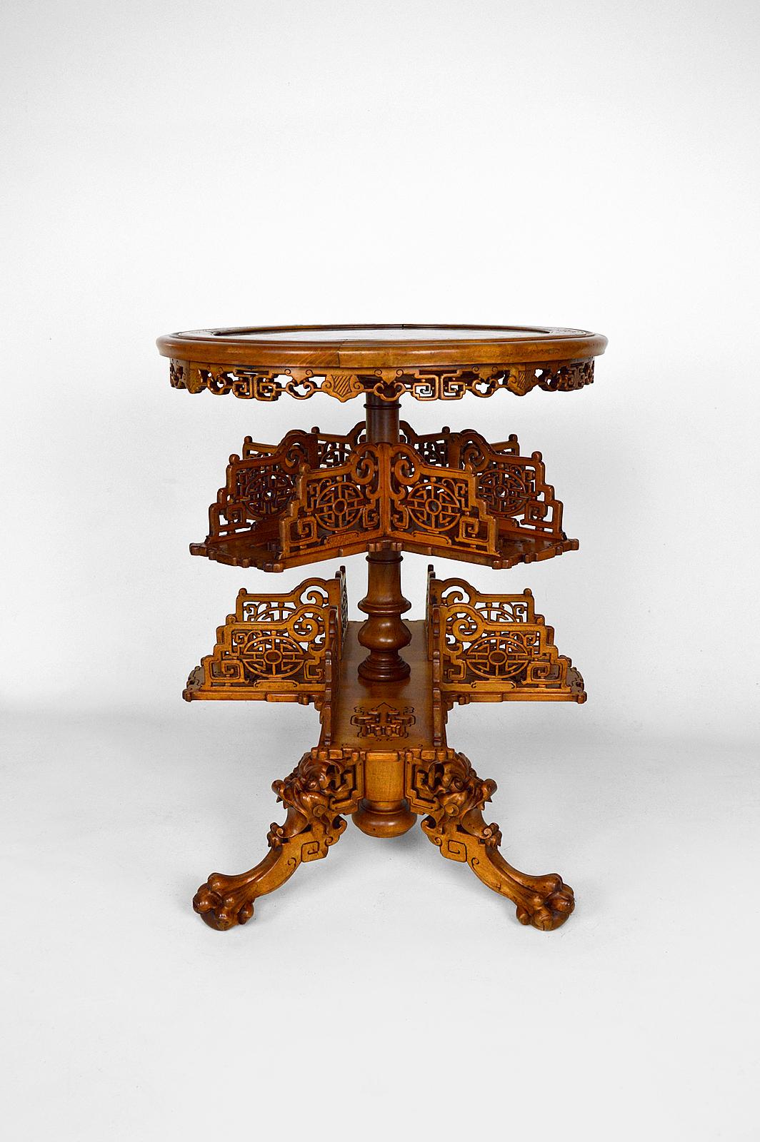 Carved Swivel Bookcase Table with Marble Top by Gabriel Viardot, Japonism, circa 1880 For Sale