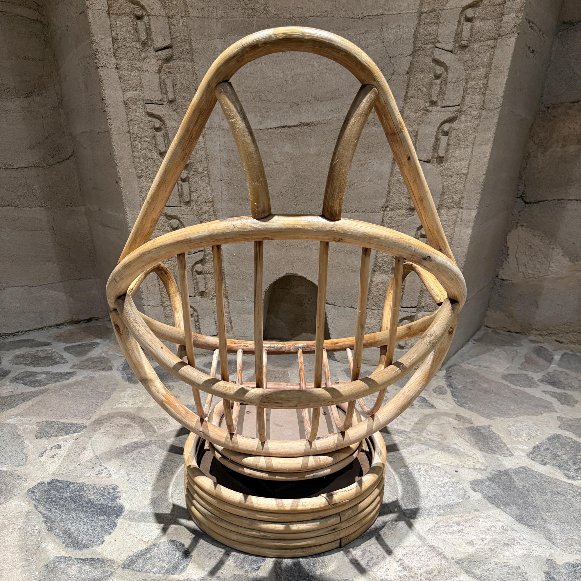 Swivel Bucket Lounge Chair on Stacked Rattan  Bamboo Pedestal Base Mid Century In Fair Condition For Sale In Chula Vista, CA