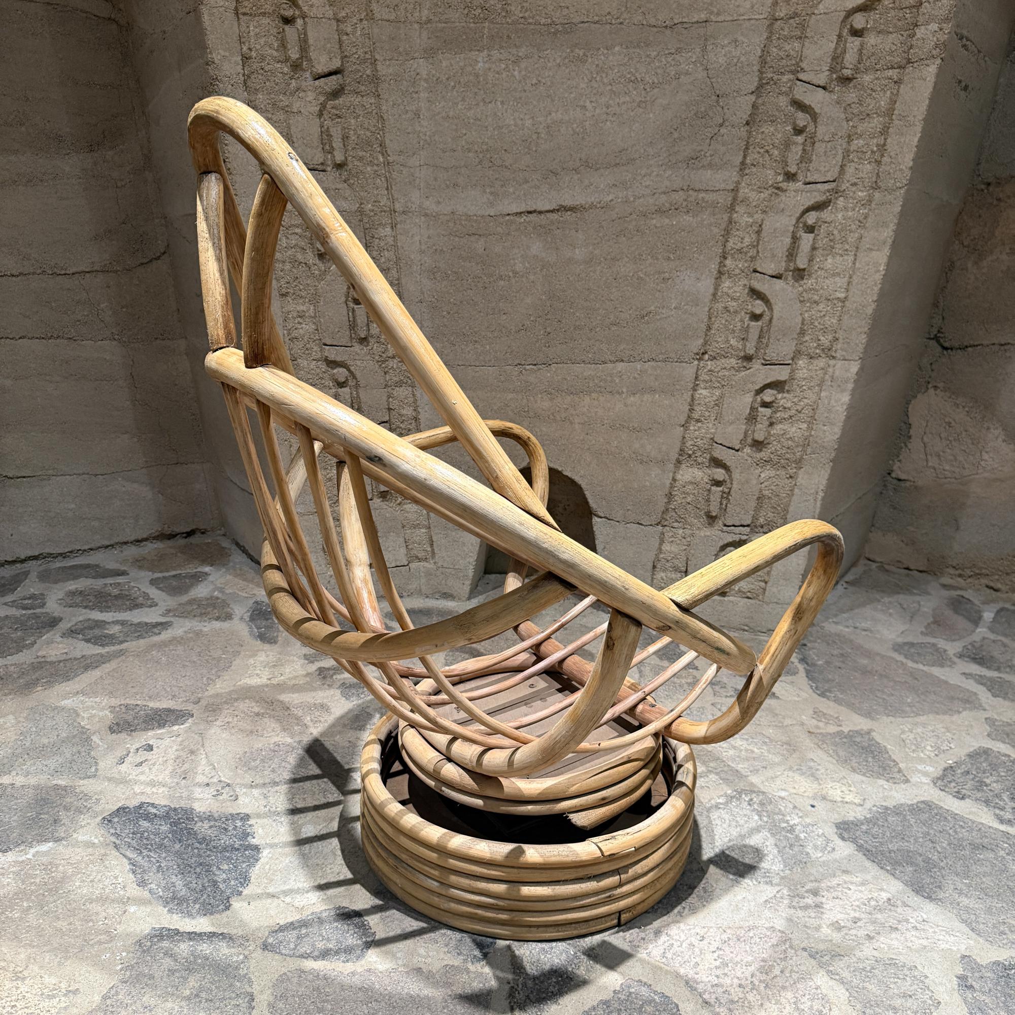 Late 20th Century Swivel Bucket Lounge Chair on Stacked Rattan  Bamboo Pedestal Base Mid Century For Sale