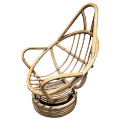 Swivel Bucket Lounge Chair on Stacked Rattan  Bamboo Pedestal Base Mid Century