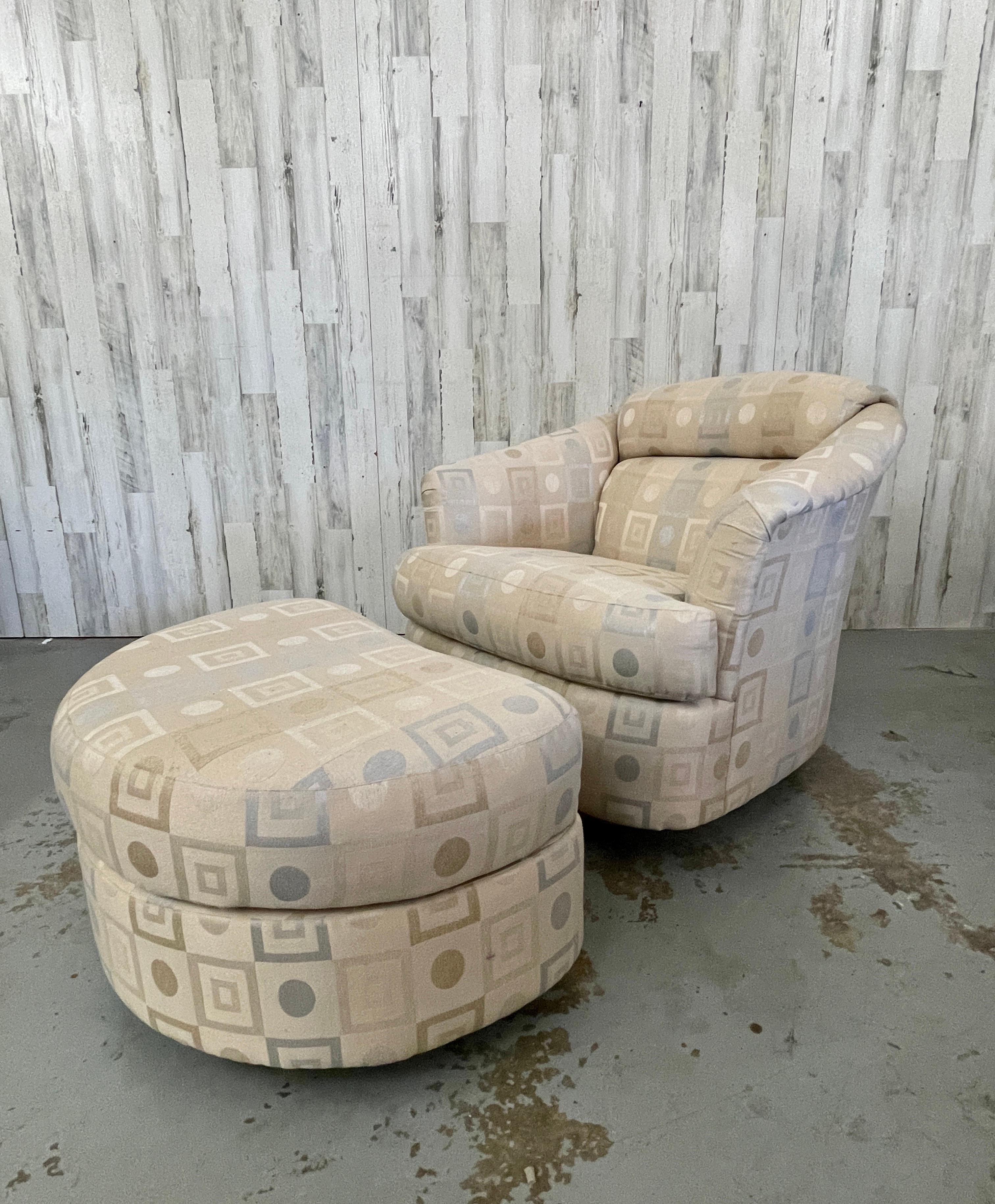 Swivel chair and Ottoman by Milo Baughman for Directional. Swivel and rocking chair with a ottoman on castors. Original label attached. Ottoman measures: 29 W x 20.5 D x 16.25 H.