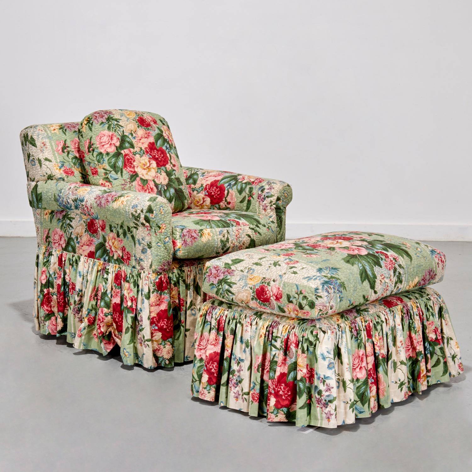 Late 20th c., American, swivel lounge chair with cushioned ottoman in matching upholstery. The swivel chair has a tight back, loose seat cushion and down-filled throw pillow.  Both the chair and ottoman are upholstered  in a Colefax and Fowler