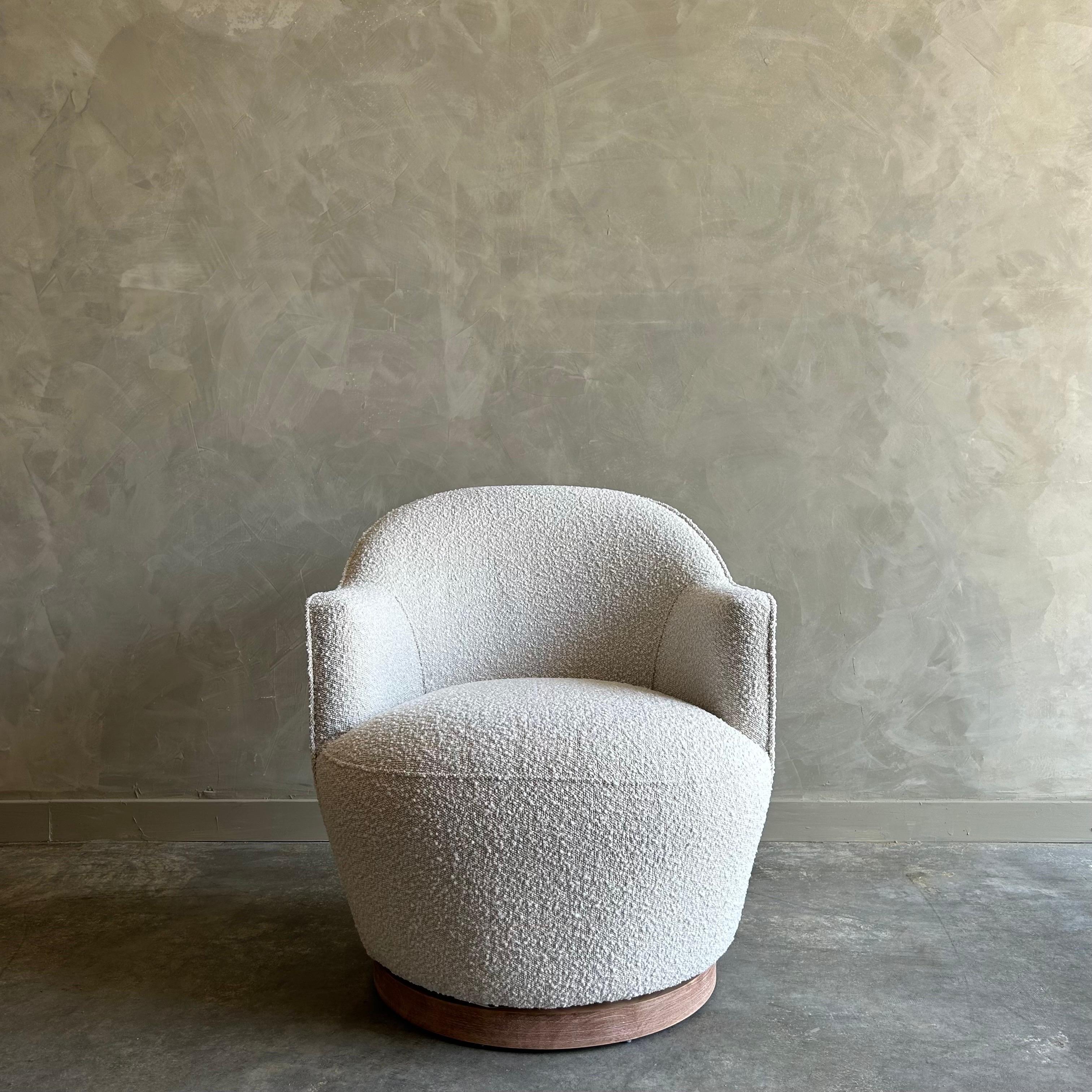 Swivel Chair in Creamy White Boucle with Wood Trim Base For Sale 5