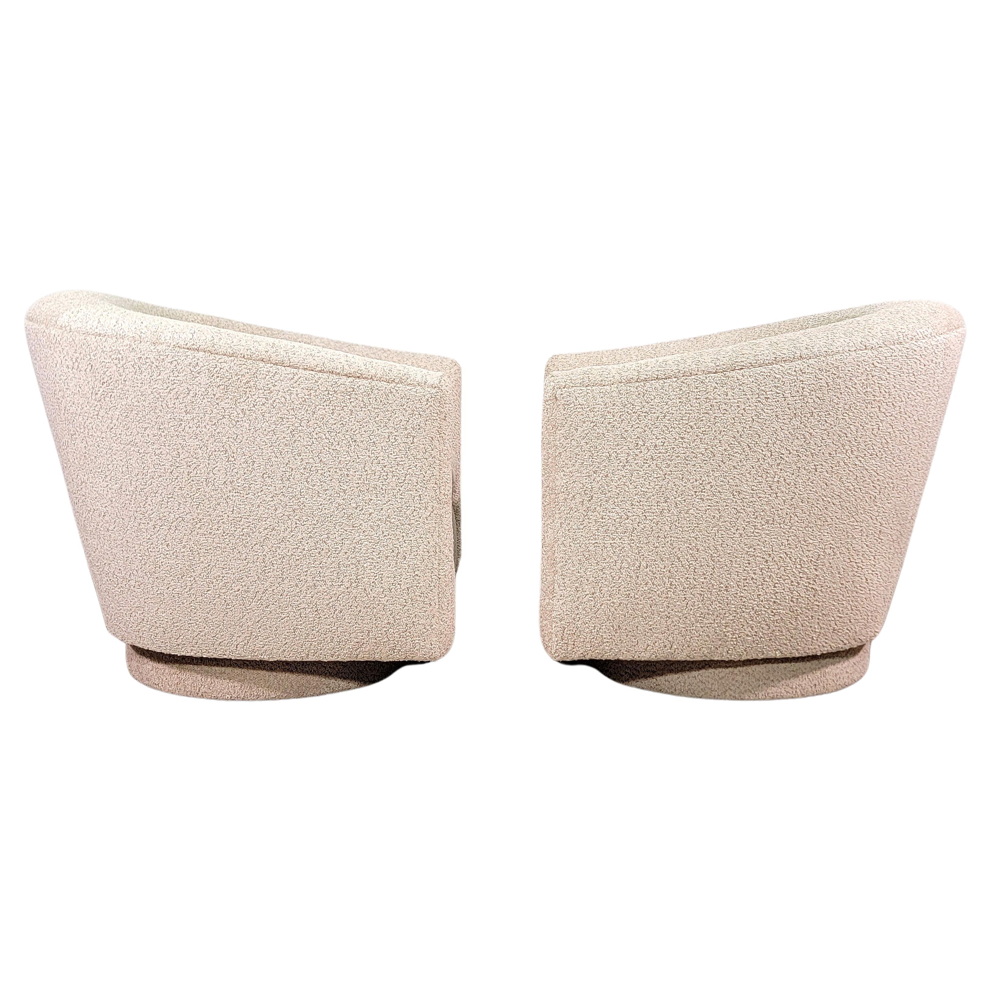 Set of swivel chairs in the style of Milo Baughman for Thayer Coggin, circa 1970-1979. Completely reupholstered in a neutral and luxurious creamy taupe beige nubby boucle.

Other designers of the period include Vladimir Kagan, T.H.