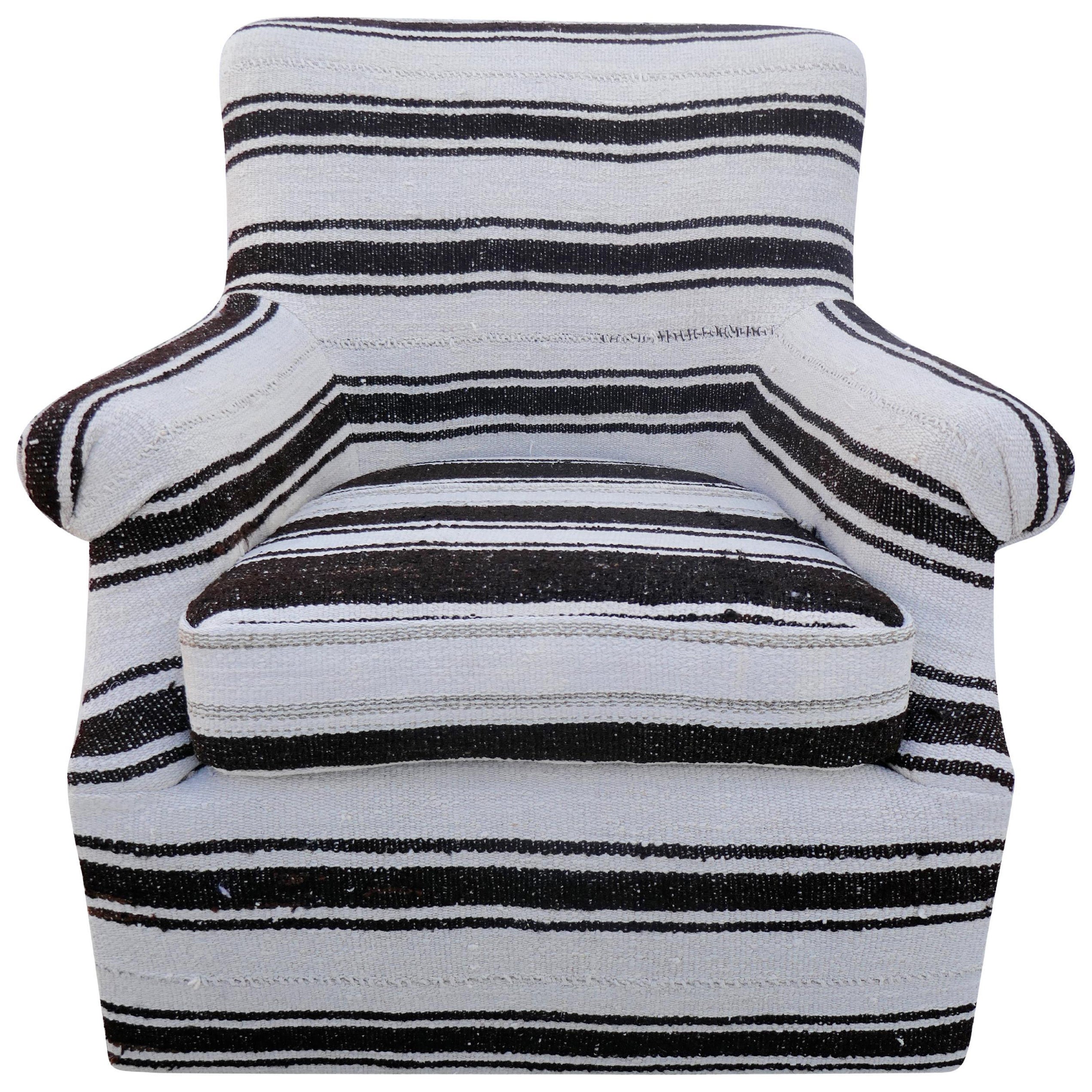 Swivel Club Chair in Vintage Berber Tribal Striped Kilim Wool, "One-of-a-kind"