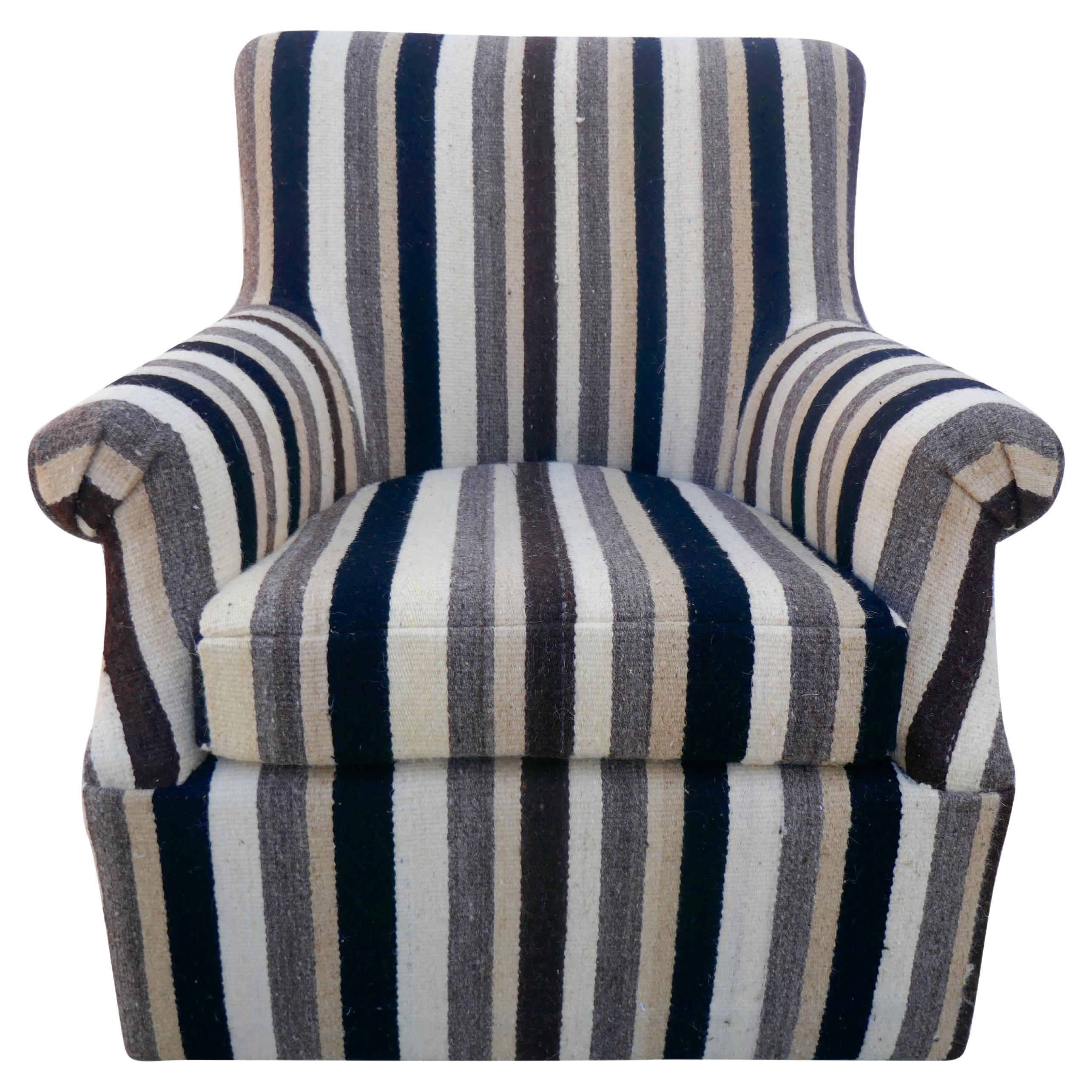 Swivel Club Chair in Vintage Berber Tribal Striped Kilim Wool, "One-of-a-kind" For Sale